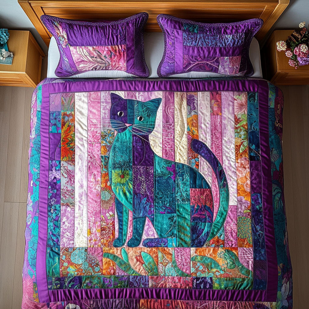 Whimsical Cat Patchwork Quilted Bedding Set Aesthetic Room Decor Cat Mom Christmas Gifts