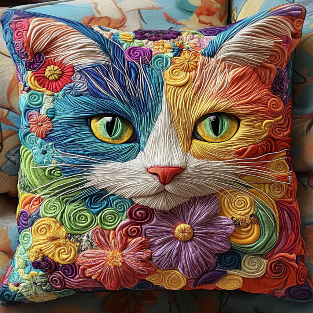 Whimsical Cat Portrait Quilted Pillow Case Best Throw Pillow Covers Cat Present Ideas Xmas