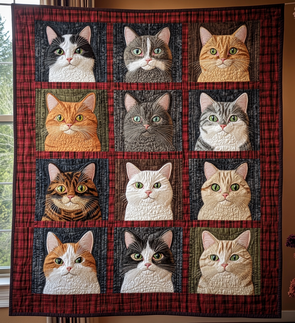 Whimsical Cat Portraits Quilted Blanket Novelty Gifts For Cat Lovers