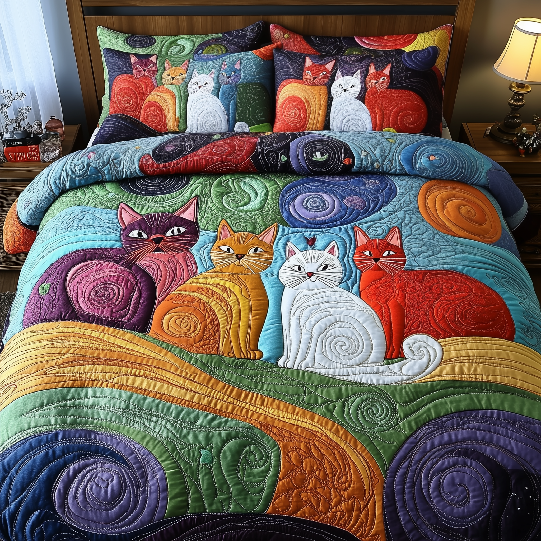 Whimsical Cat Quilted Bedding Set Cat Mom Gifts