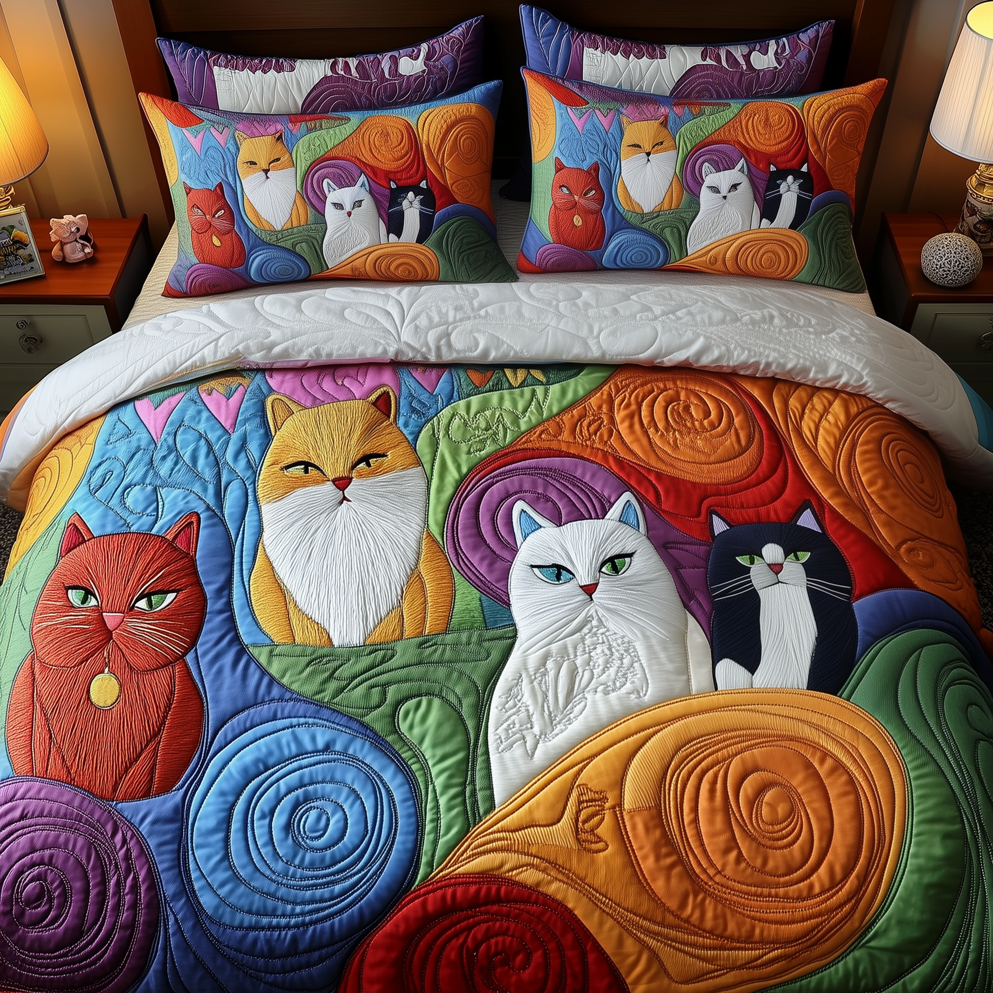 Whimsical Cat Quilted Bedding Set Gift For Cat Lover