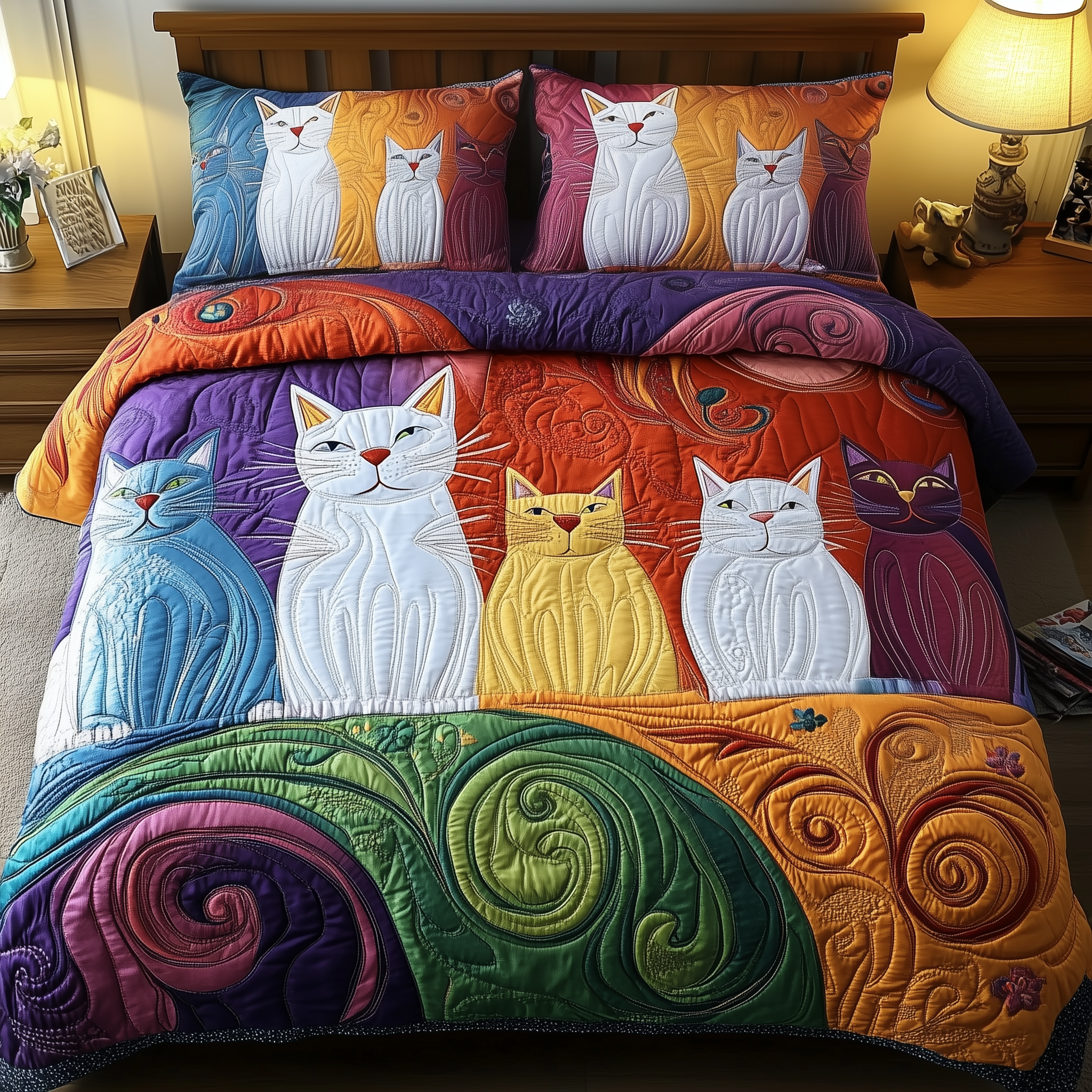 Whimsical Cat Quilted Bedding Set Items For Cat Lovers