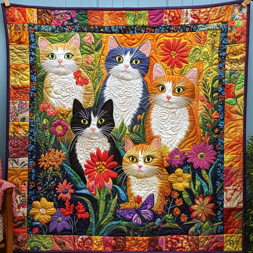 Whimsical Cat Quilted Blanket Cat Gifts For Cat Lovers