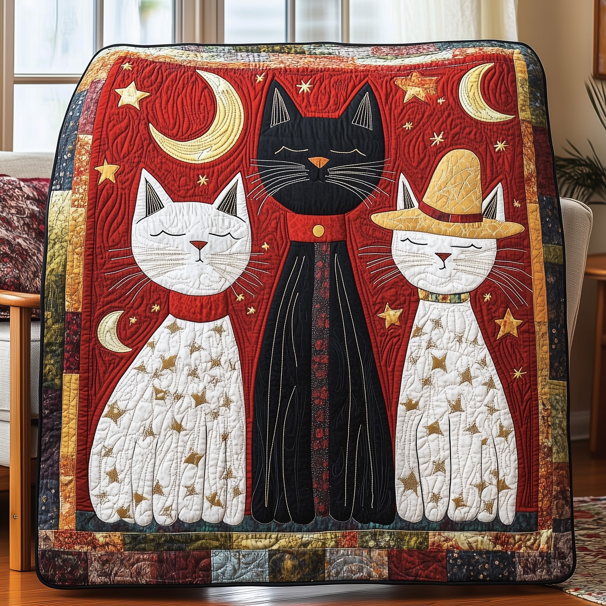 Whimsical Cat Quilted Blanket Cute Bed BlanketCat Lady Gift Ideas
