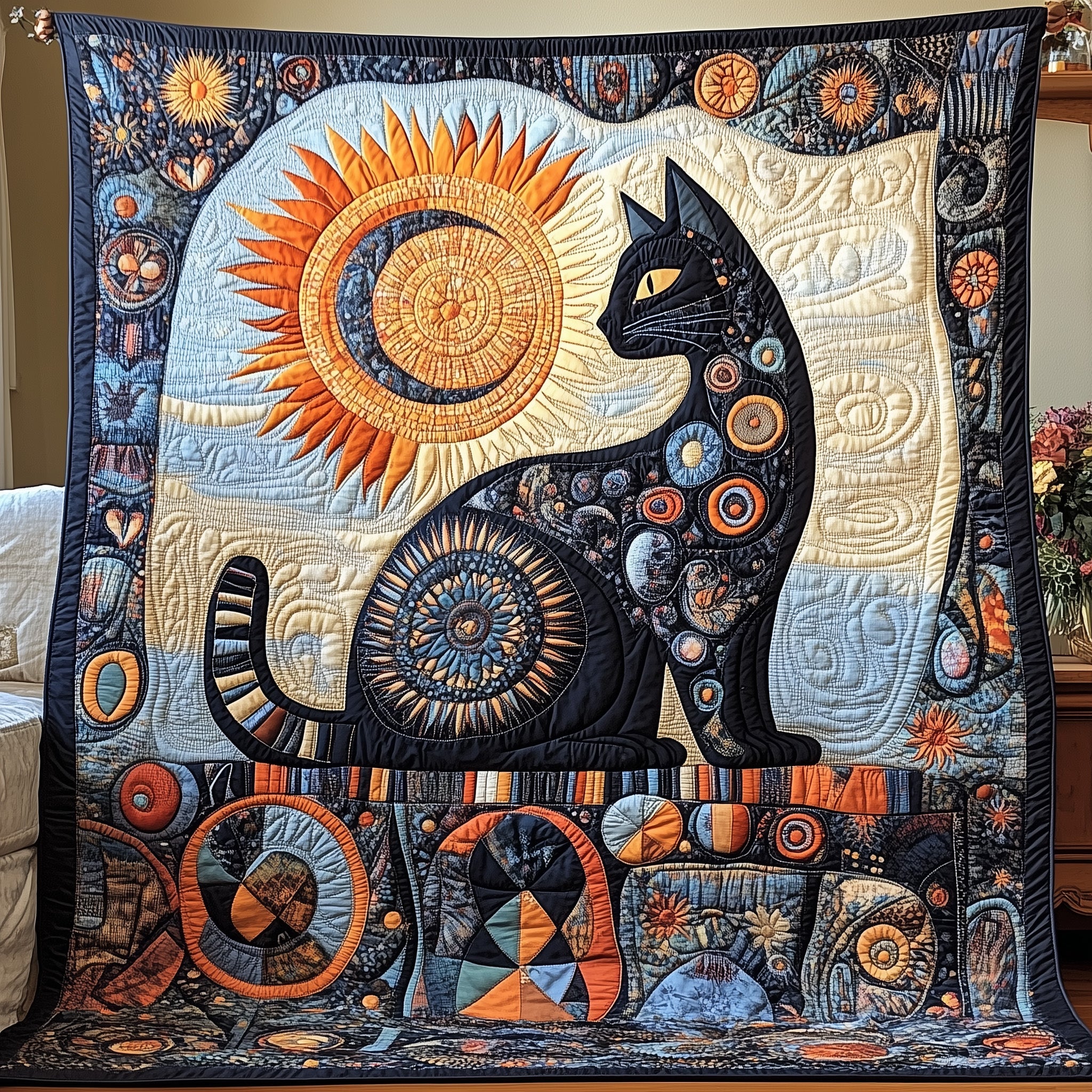 Whimsical Cat Quilted Blanket Cute Bed BlanketFunny Cat Gifts For Cat Lovers
