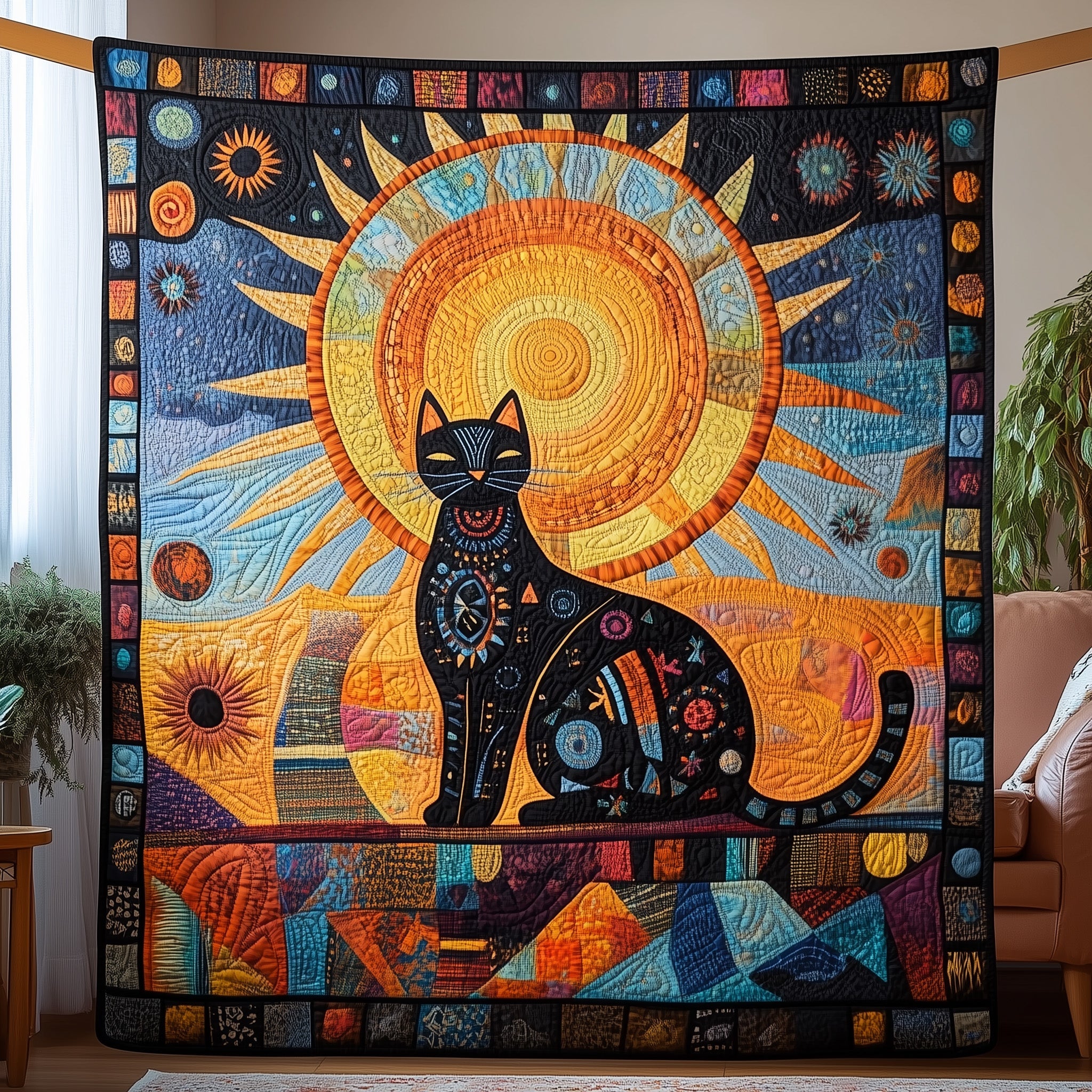 Whimsical Cat Quilted Blanket Cute Bed BlanketFunny Gifts For Cat Lovers