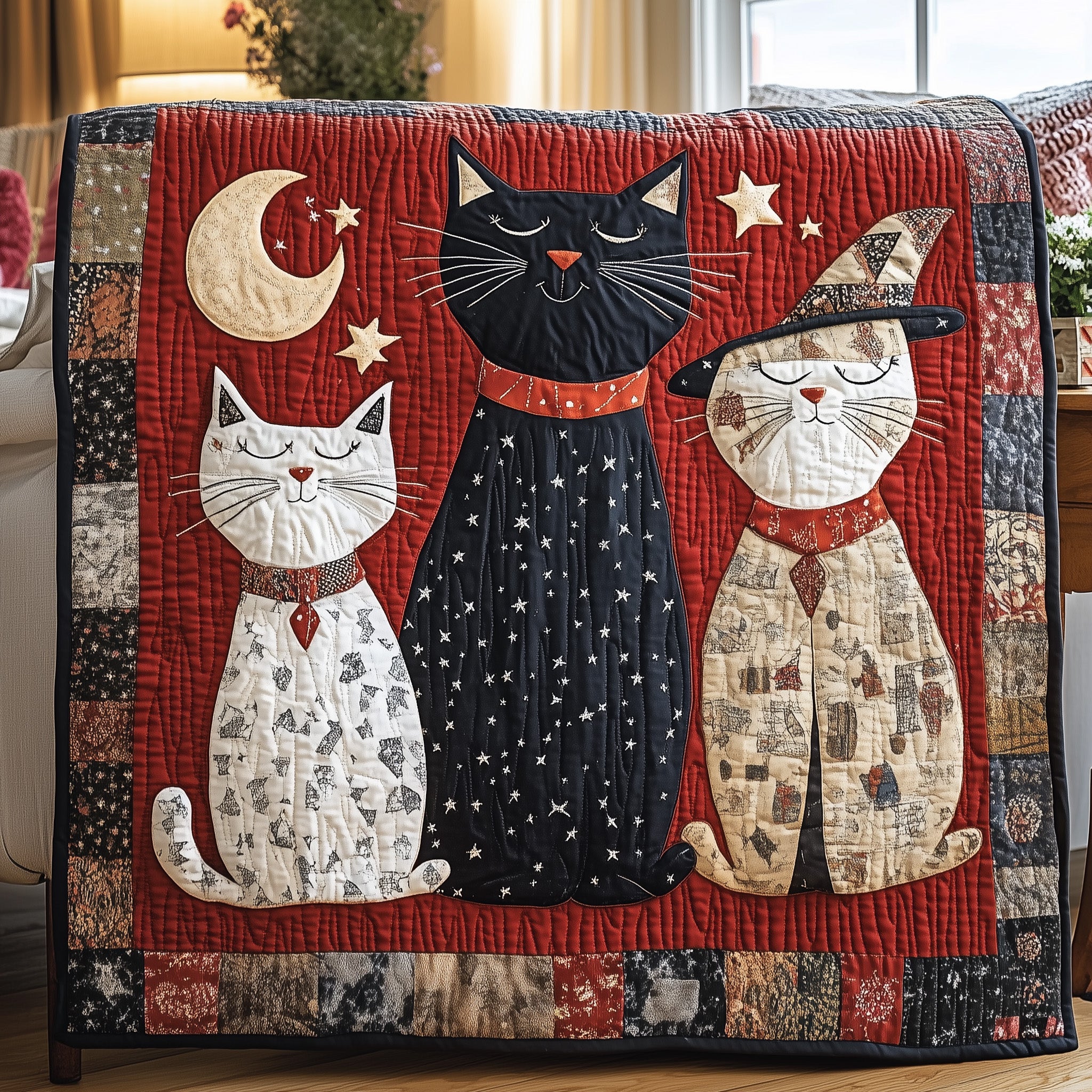 Whimsical Cat Quilted Blanket Cute Bed BlanketGift For Cat Lover Woman