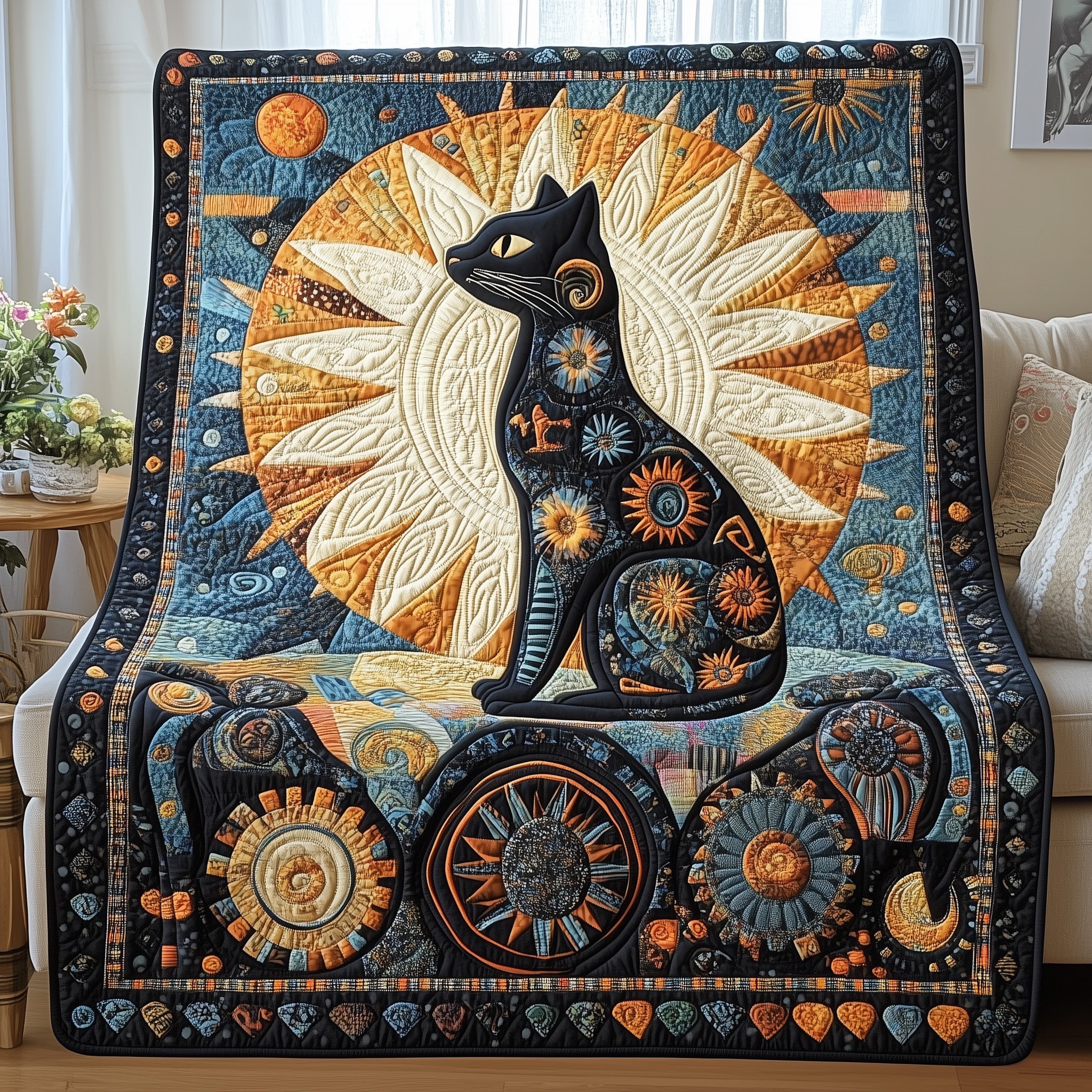 Whimsical Cat Quilted Blanket Cute Bed BlanketGifts For Someone Who Likes Cats