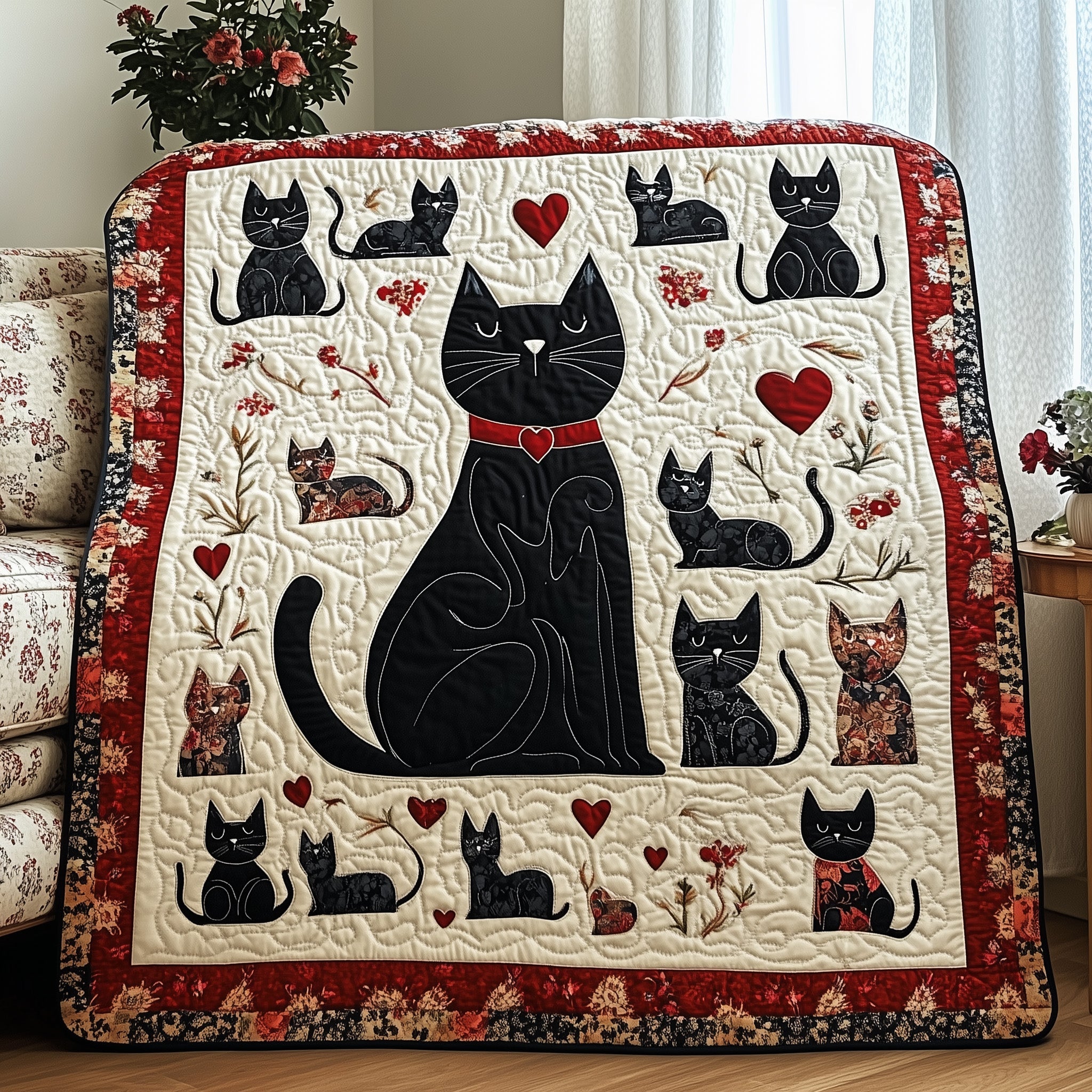 Whimsical Cat Quilted Blanket Cute Bed BlanketXmas Gifts For Cat Lovers