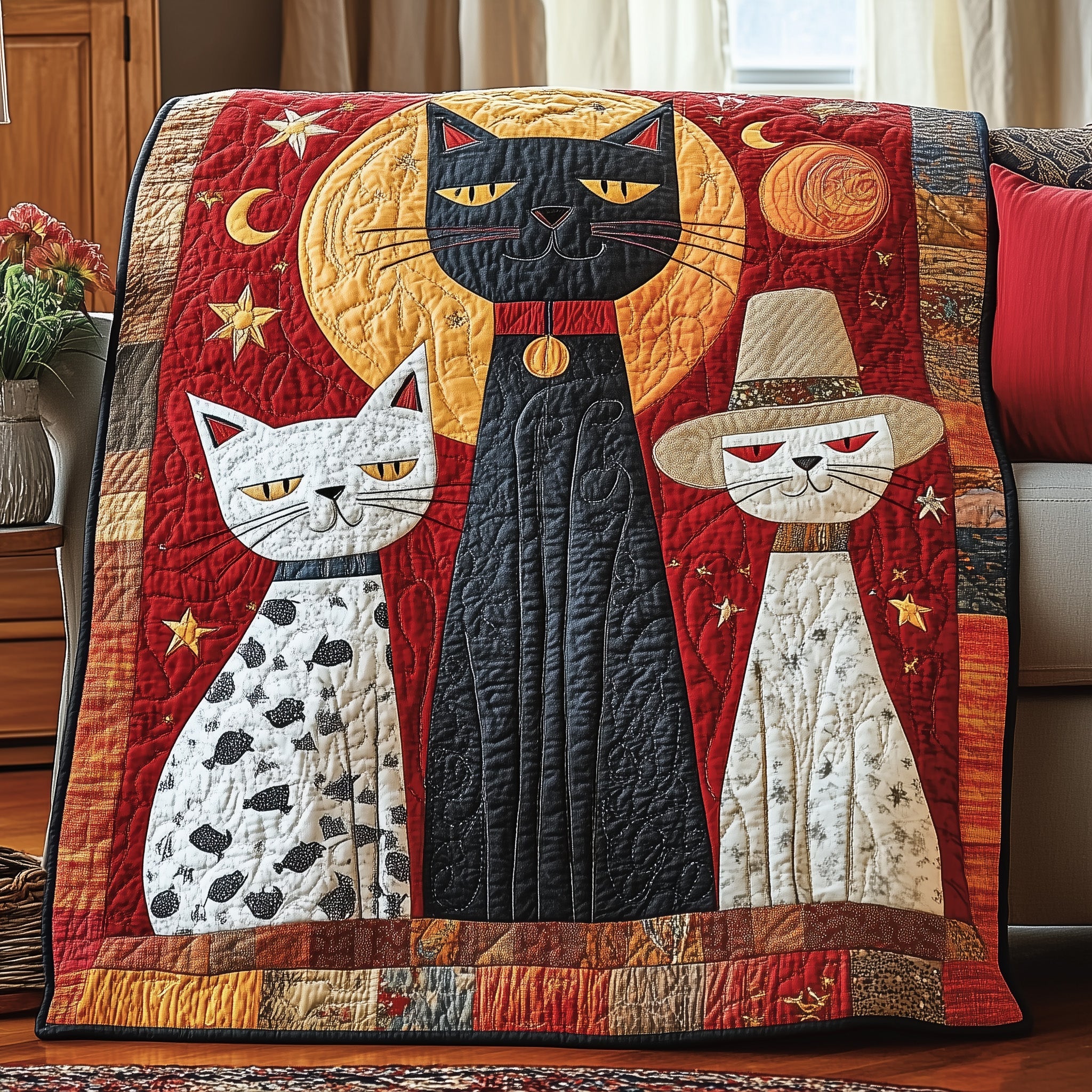 Whimsical Cat Quilted Blanket Cute Bed BlanketXmas Presents For Cat Lovers