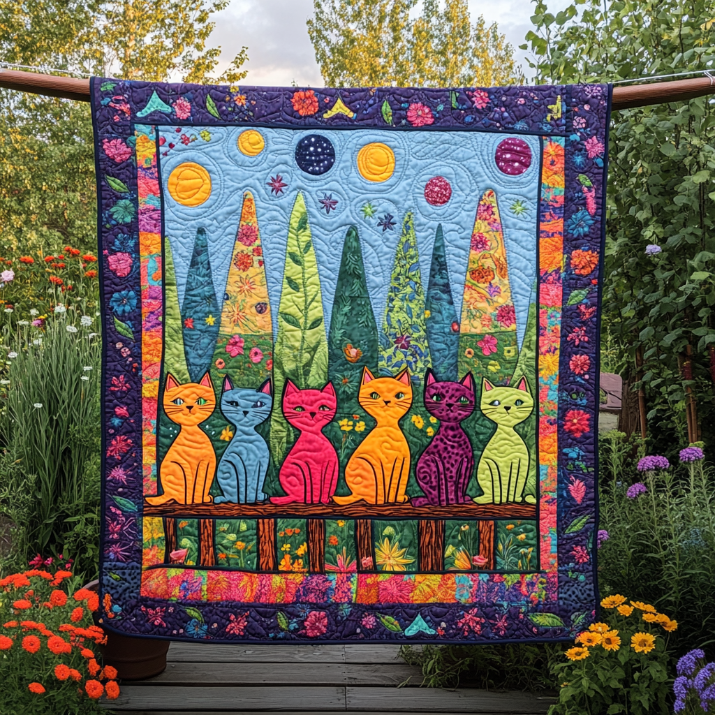 Whimsical Cat Quilted Blanket Cute Blankets For Her