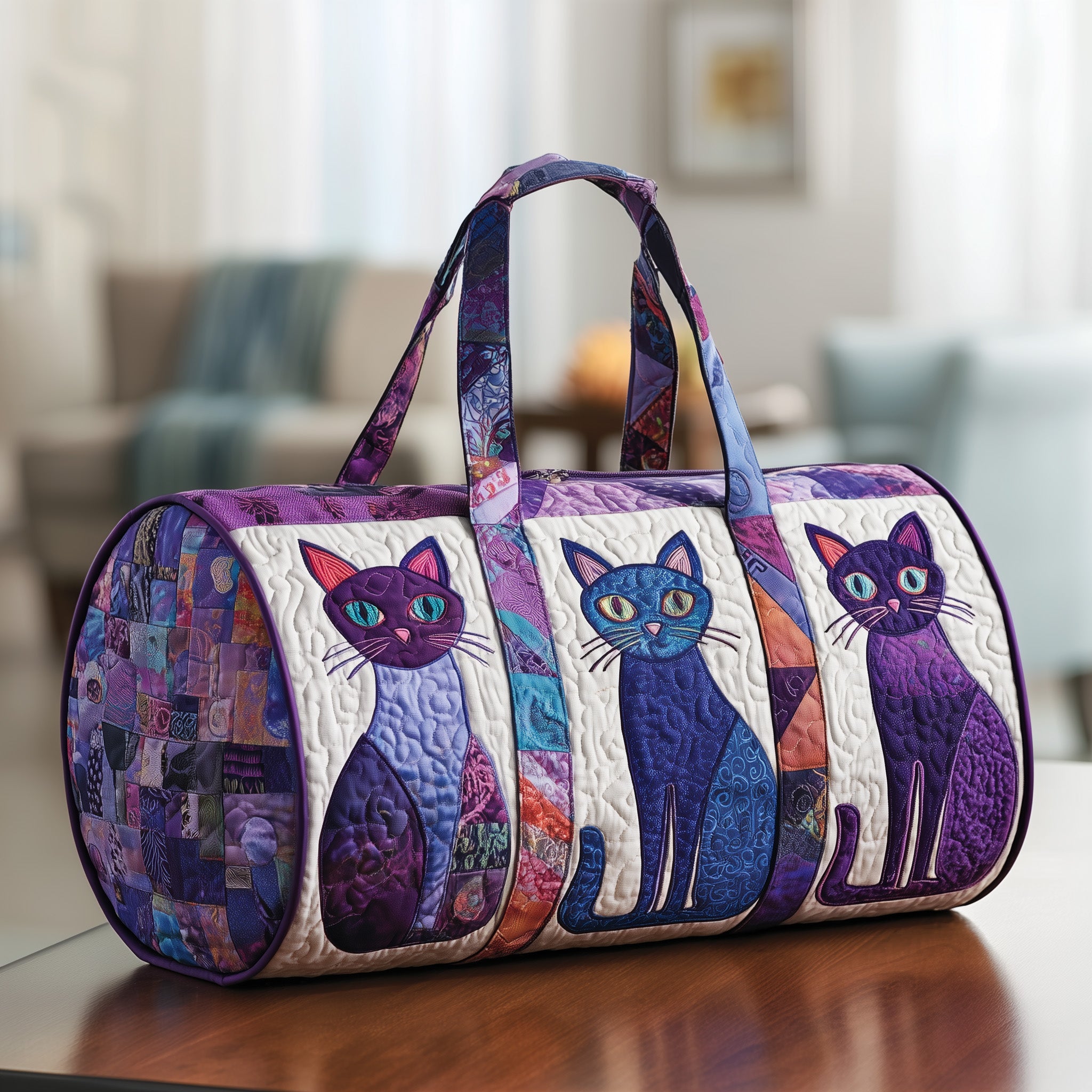 Whimsical Cat Quilted Duffle Bag For Weekend Trips