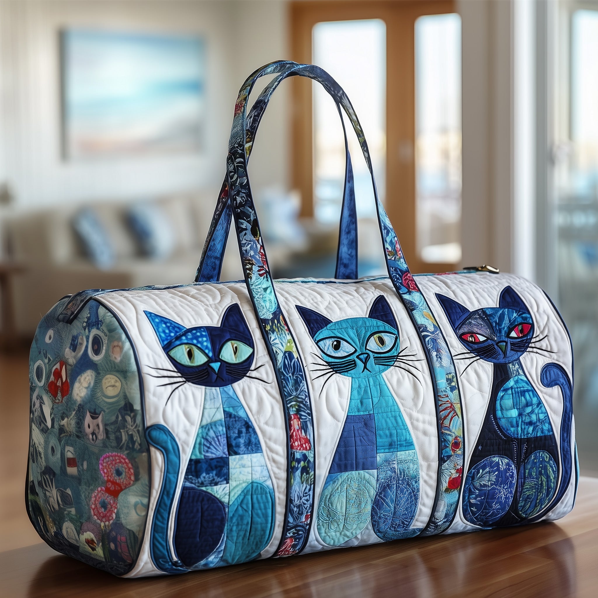 Whimsical Cat Quilted Duffle Bag For Work And Travel