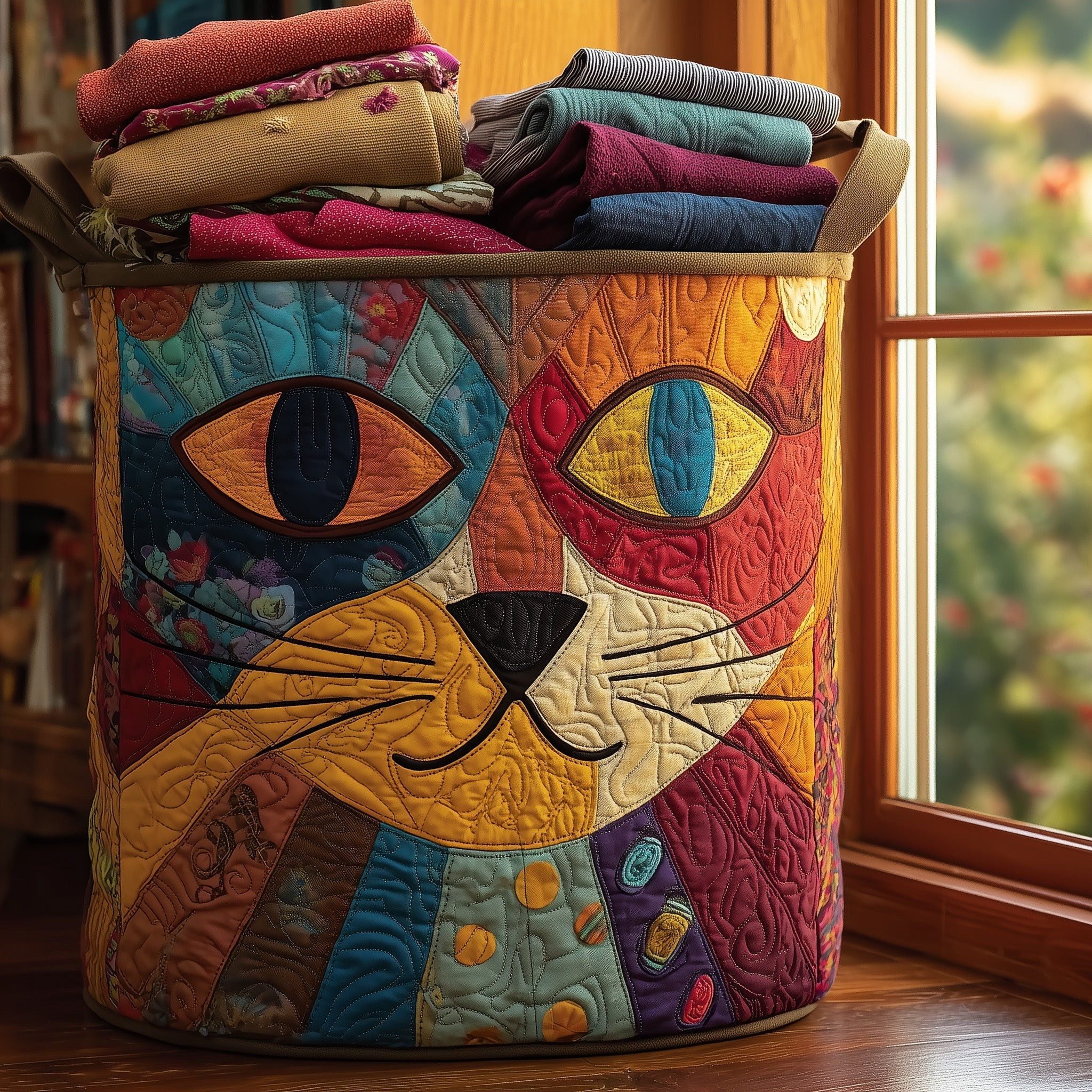 Whimsical Cat Quilted Laundry Basket Cat Graphic Unique Home Decor Gifts For Cat Enthusiast