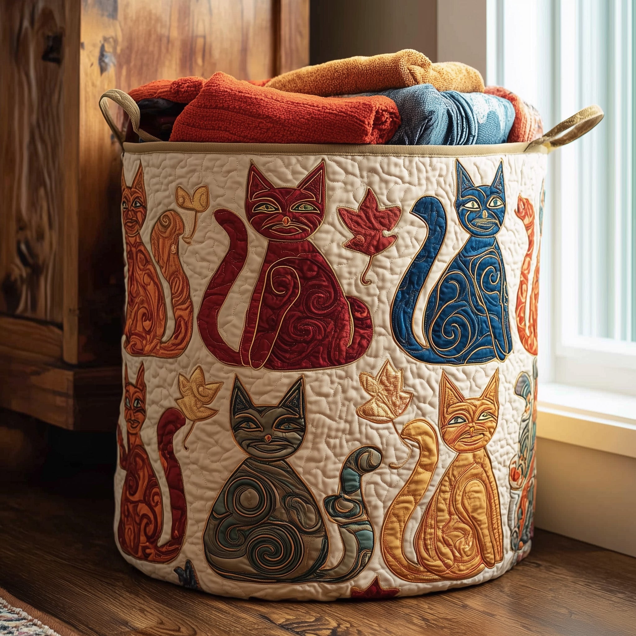 Whimsical Cat Quilted Laundry Basket Gifts For Sheep Lovers