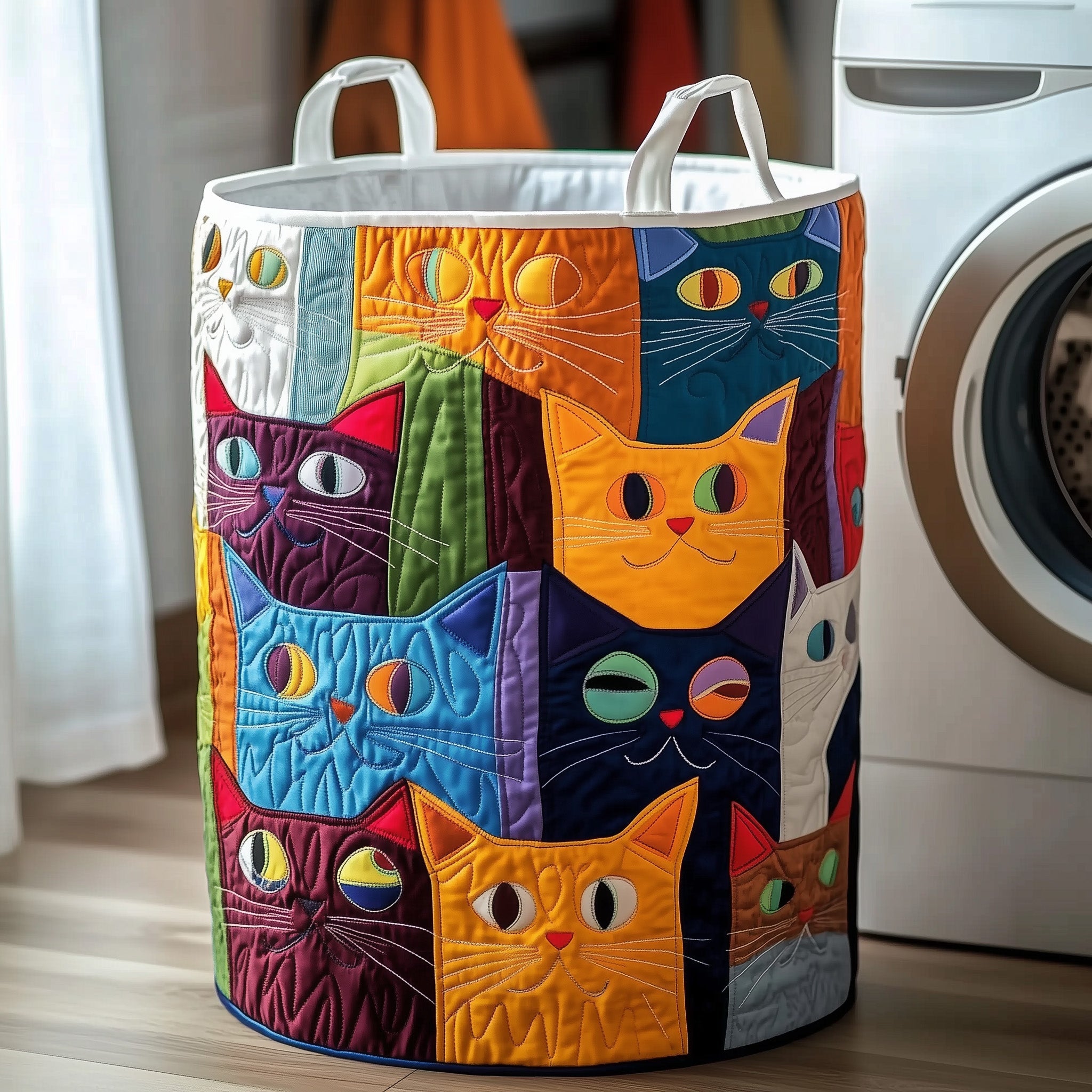 Whimsical Cat Quilted Laundry Basket Merch For Cozy Nights