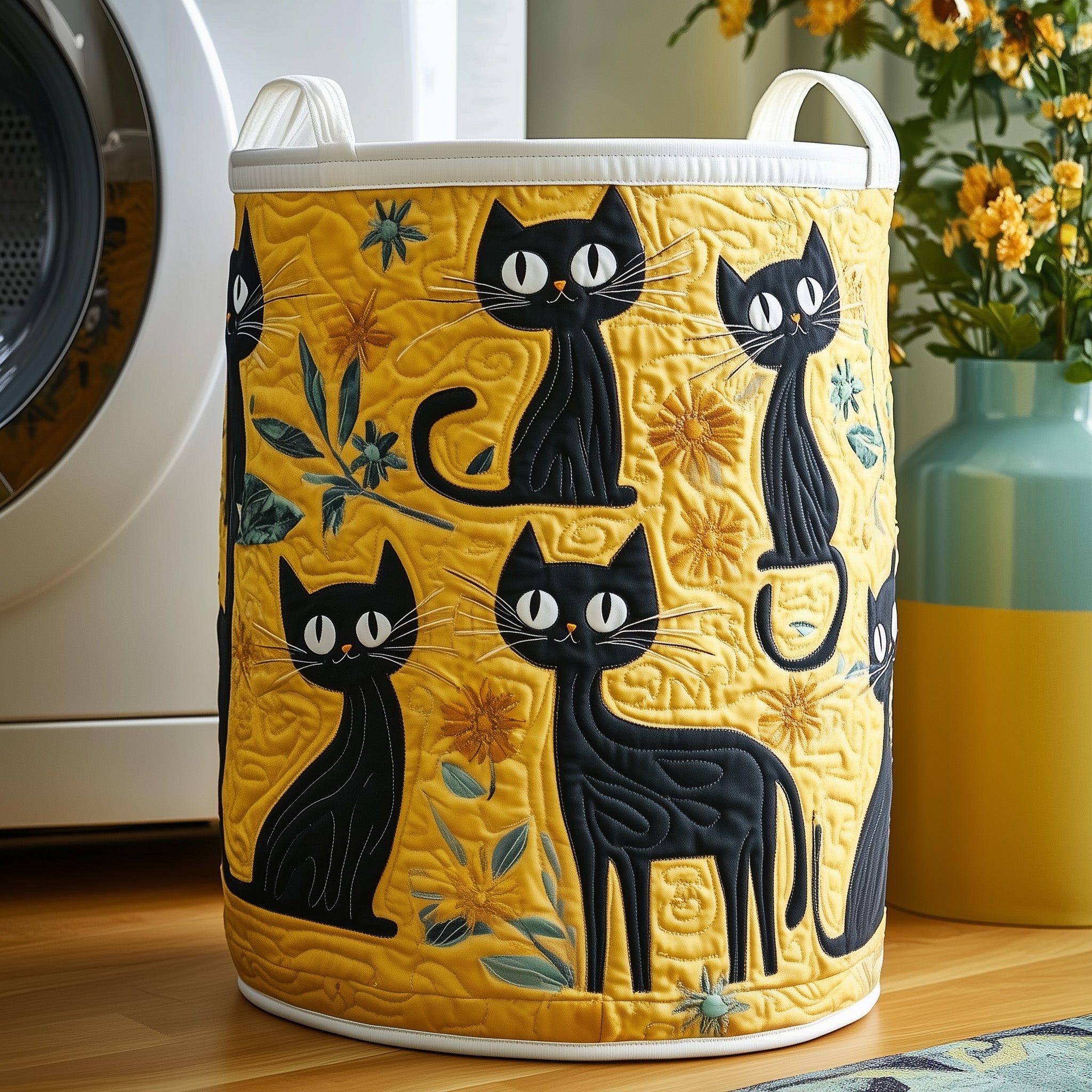 Whimsical Cat Quilted Laundry Basket Merch For Friends