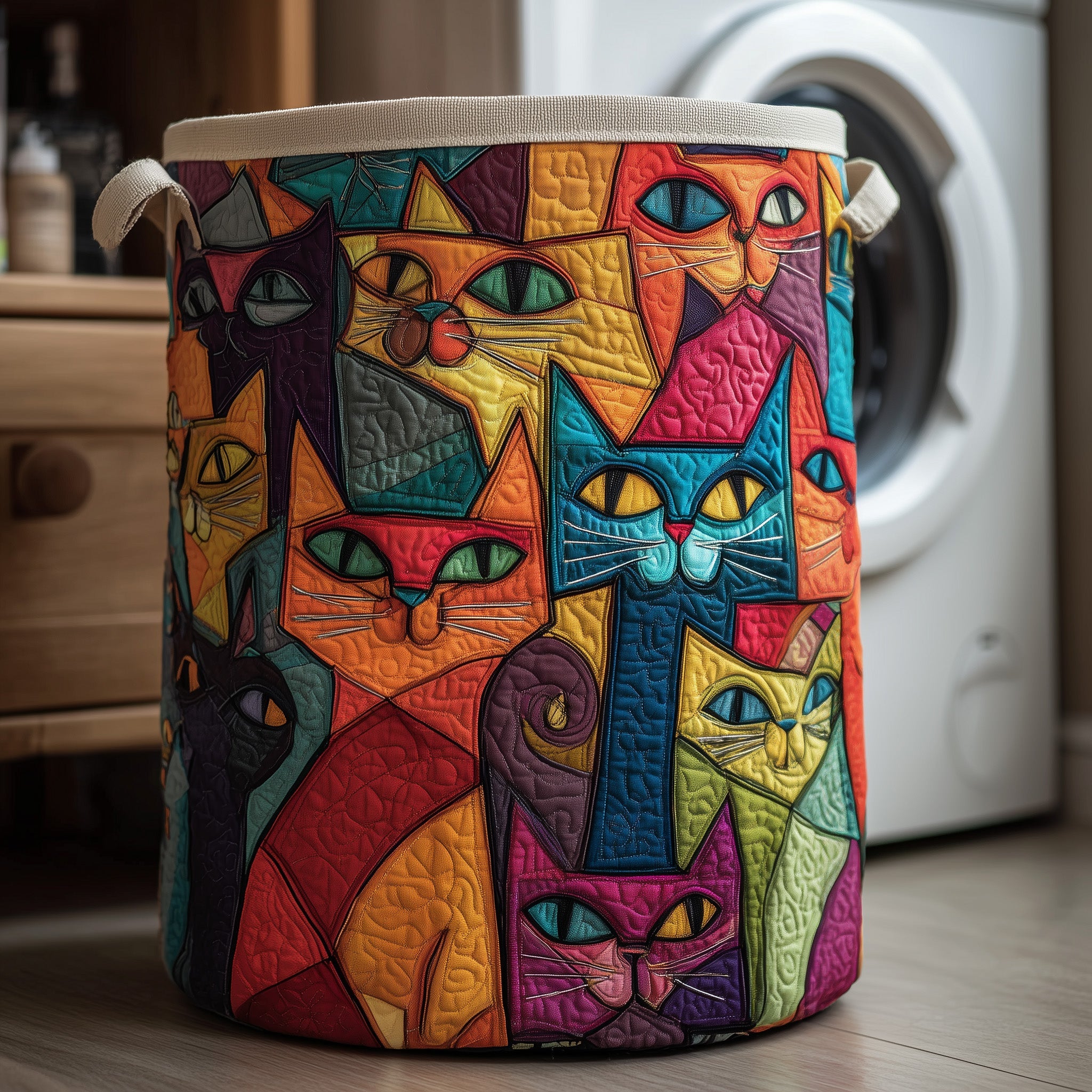 Whimsical Cat Quilted Laundry Basket Perfect Gift For Your House