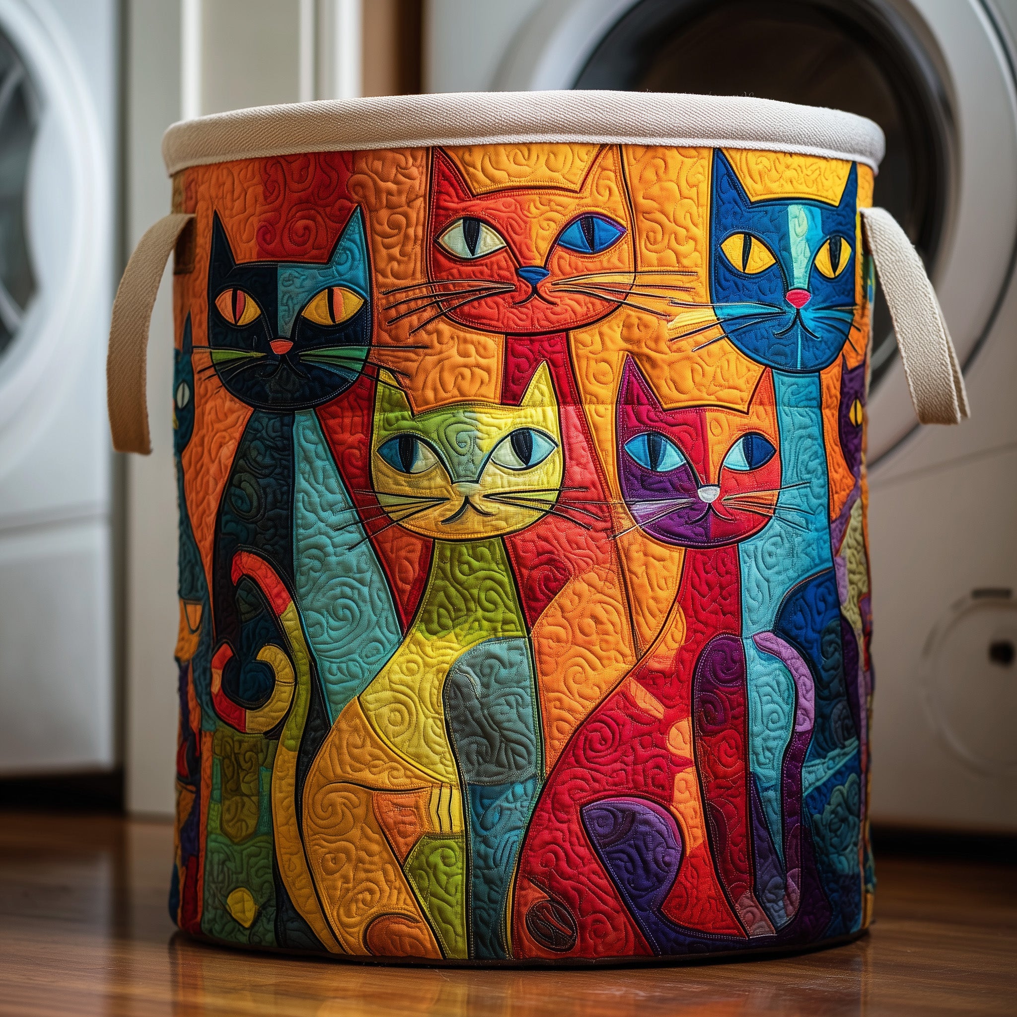 Whimsical Cat Quilted Laundry Basket Thoughtful Housewarming Gift