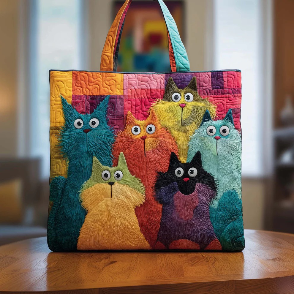 Whimsical Cat Squad Patchwork Quilted Tote Bag Funny Cat Mom Lover Colorful Quirky Gift For Her