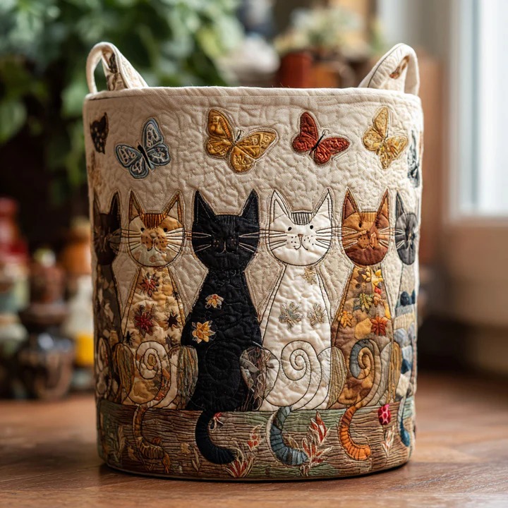 Whimsical Cats Quilted Laundry Basket Butterfly Cat Lover Bin Best Gift For Cat Moms