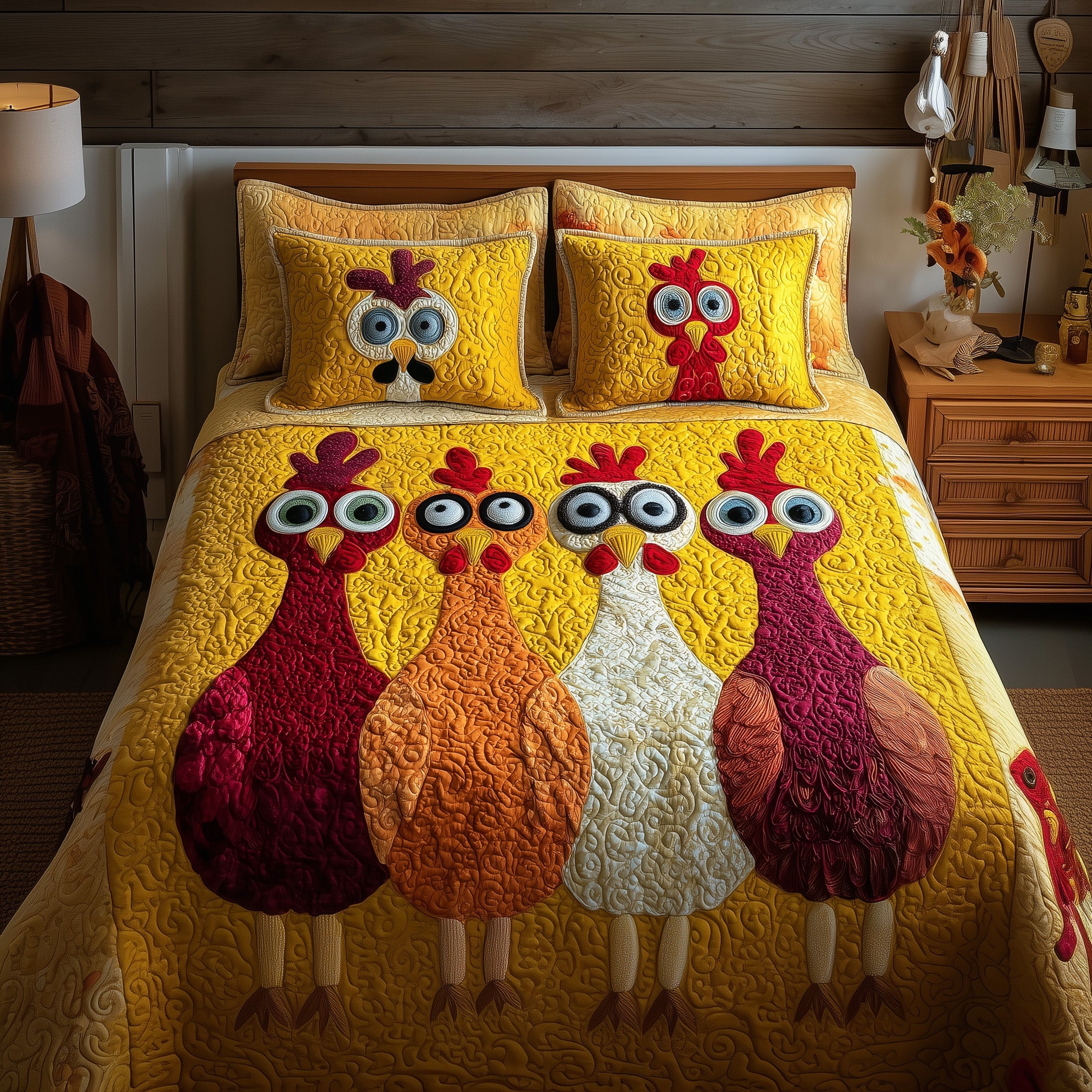 Whimsical Chicken Quilted Bedding Set Duvet Cover Bedspread Gifts For Chicken Lovers
