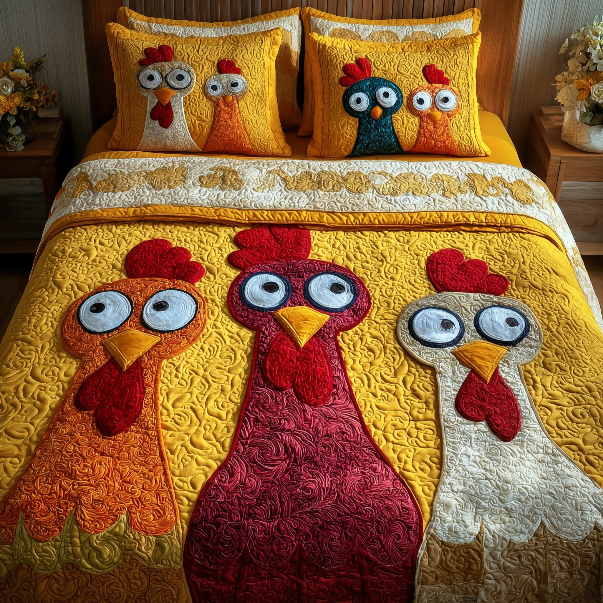 Whimsical Chicken Quilted Bedding Set For Kids