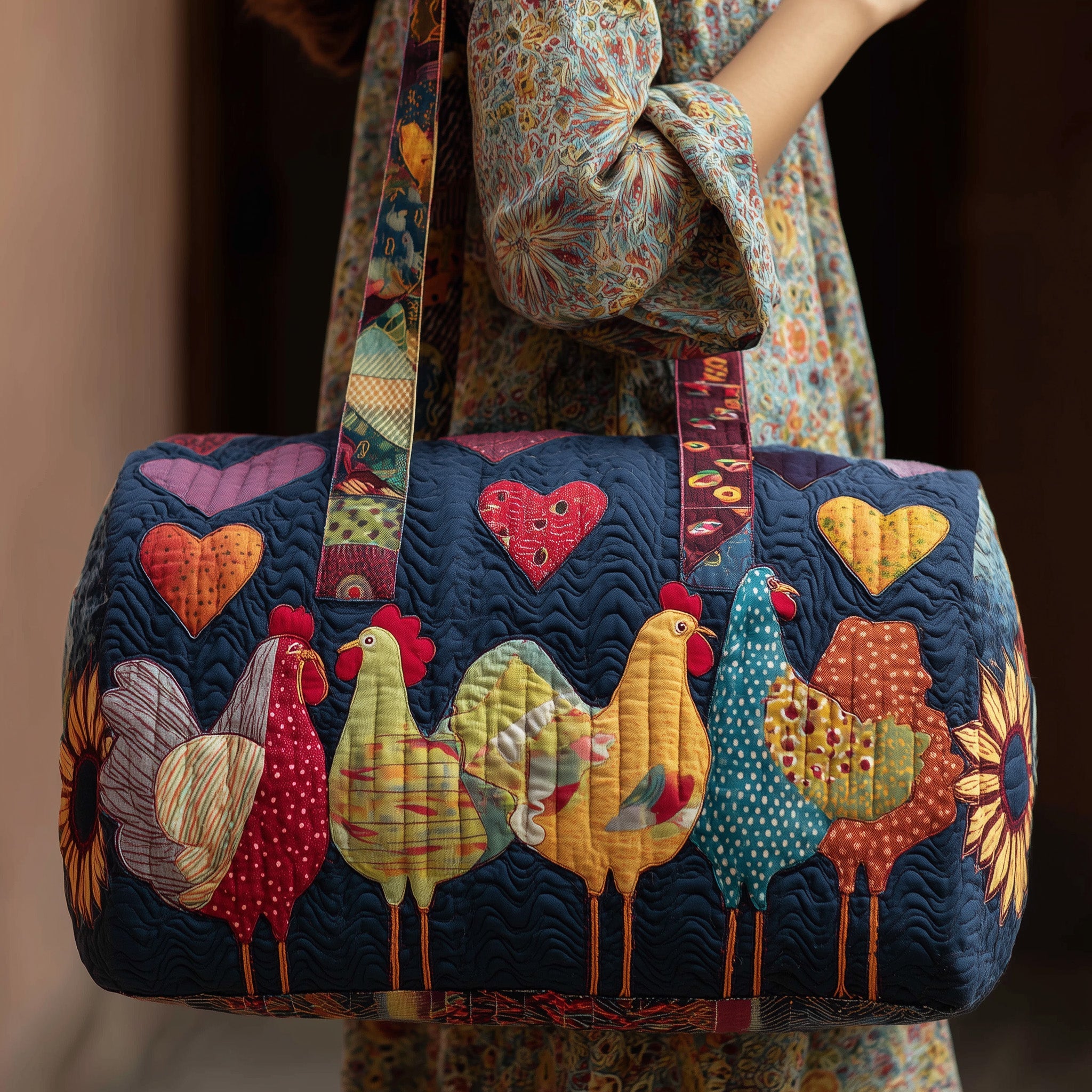 Whimsical Chicken Quilted Duffle Bag For Outdoor Activities