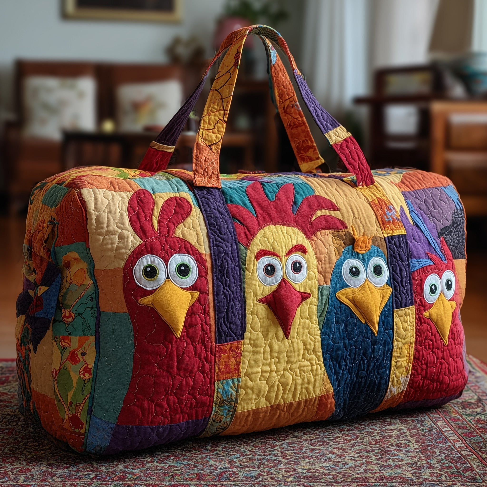Whimsical Chicken Quilted Duffle Bag Organized Storage Pockets