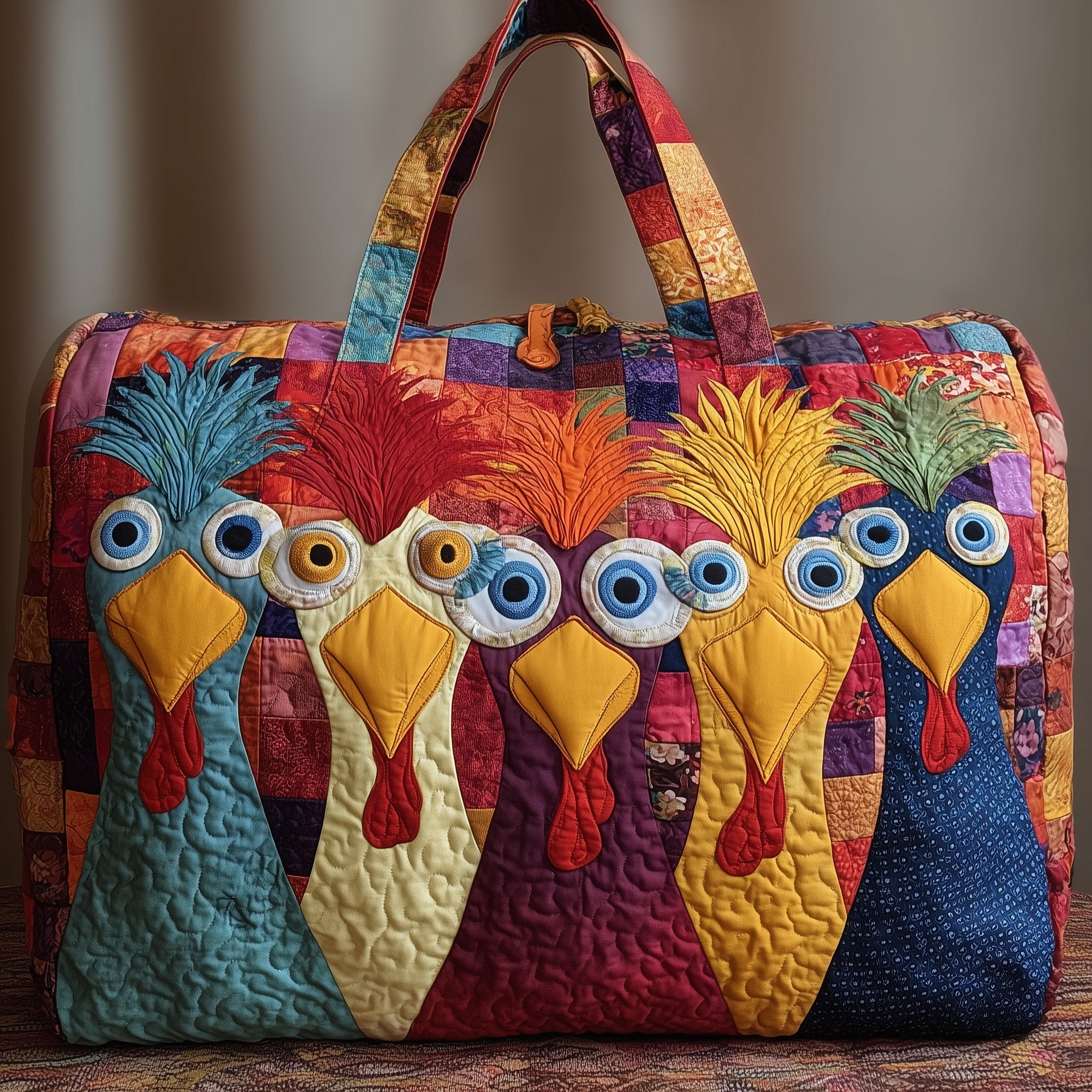 Whimsical Chicken Quilted Duffle Bag Travel Friendly Design