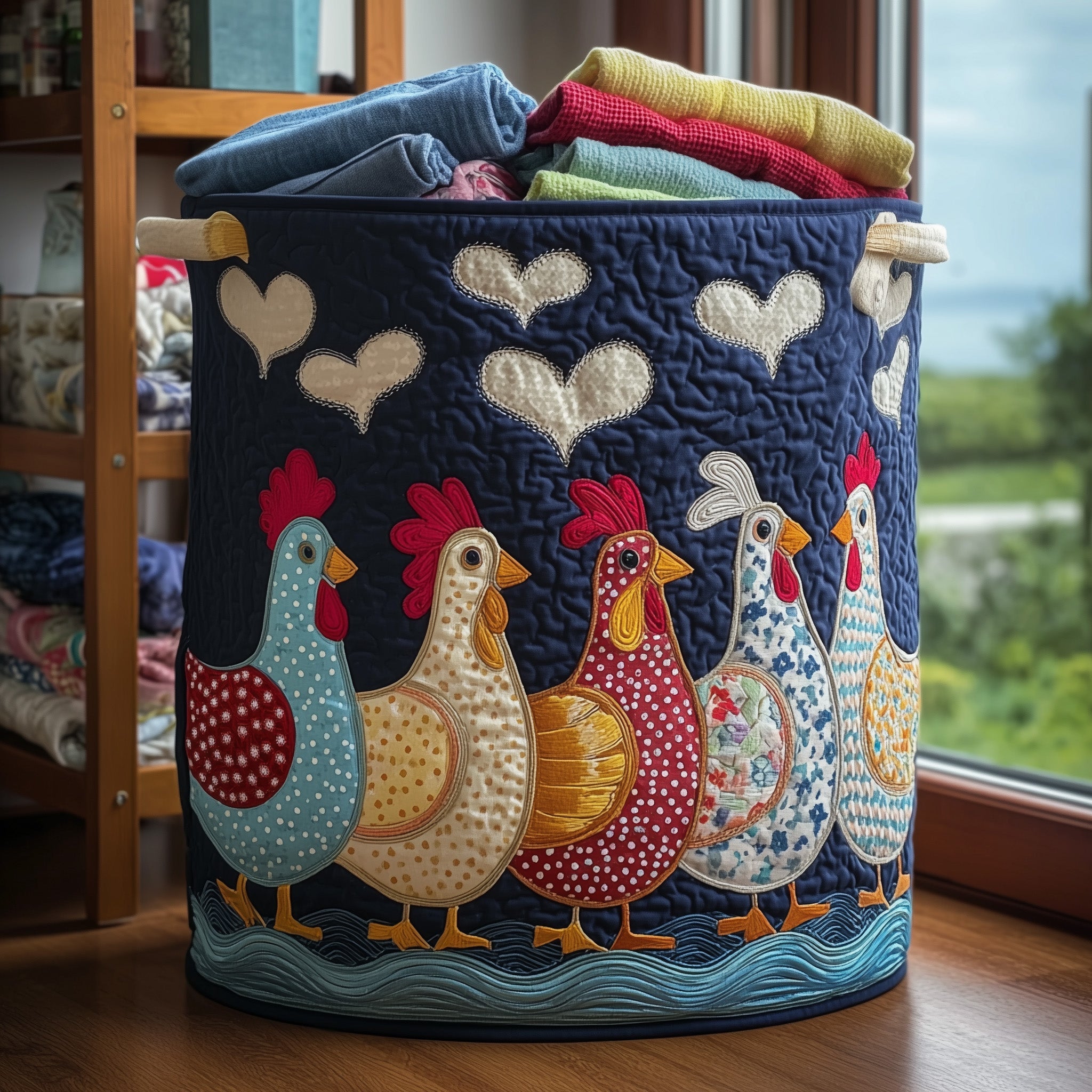 Whimsical Chicken Quilted Laundry Basket Cute Gifts For Chicken Lovers(1)