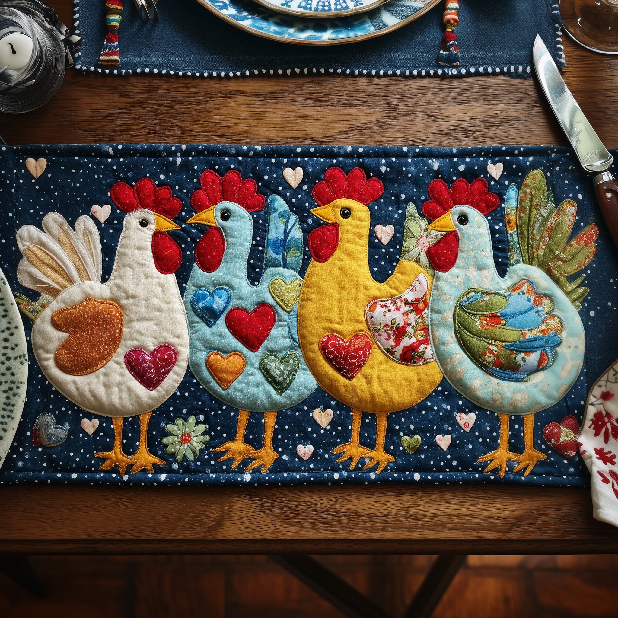 Whimsical Chicken Quilted Table Runner Elegant Christmas Table Runner