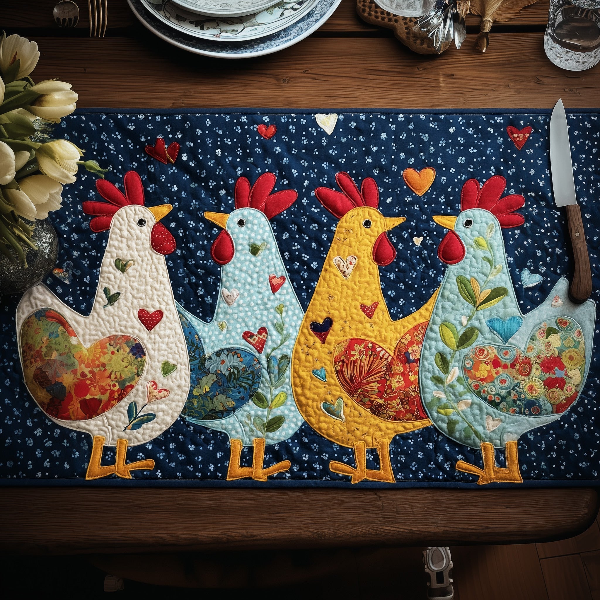 Whimsical Chicken Quilted Table Runner Holiday Dinner Table Runner