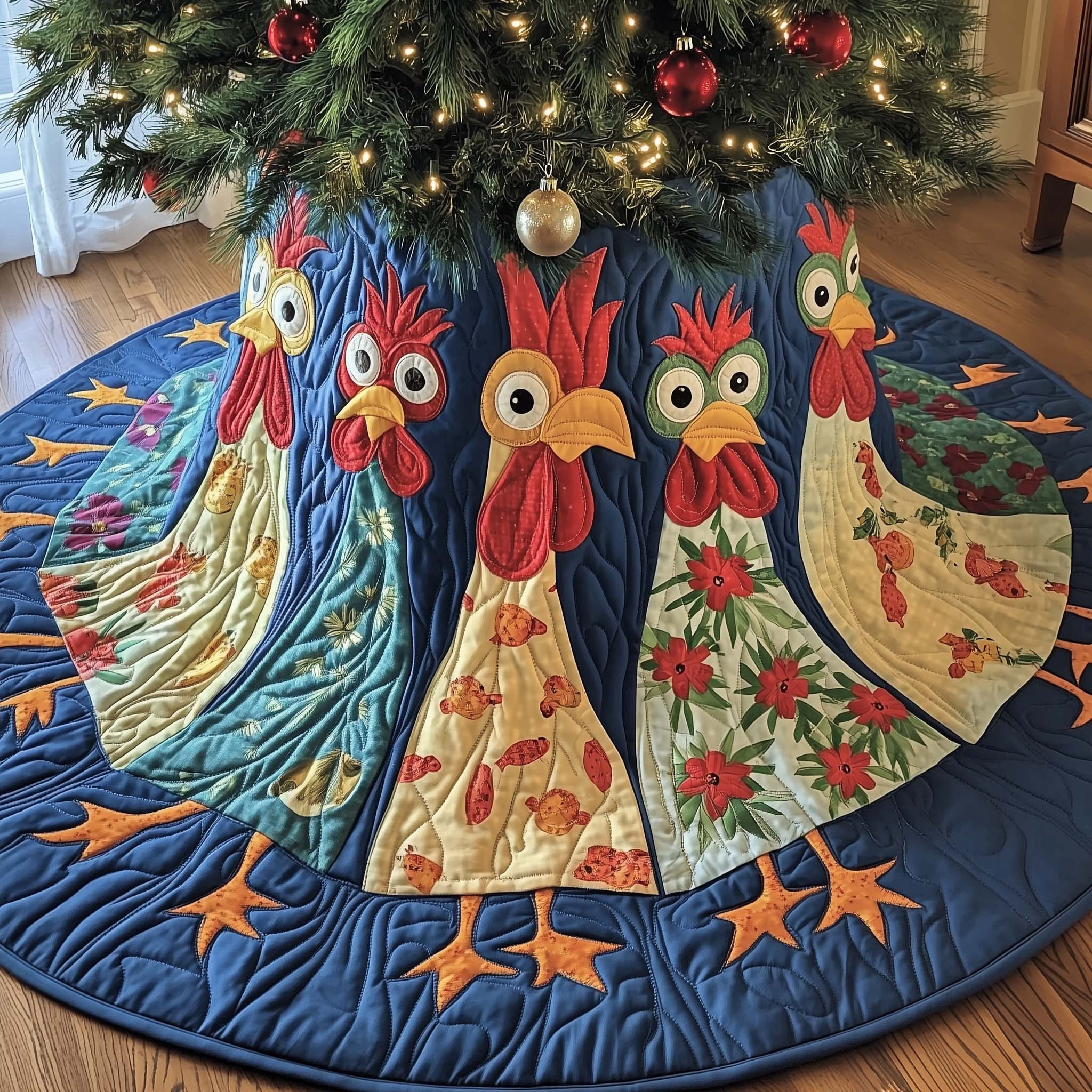 Whimsical Chicken Quilted Tree Skirt Animal Themed Seasonal Home Decor Best Xmas Gifts