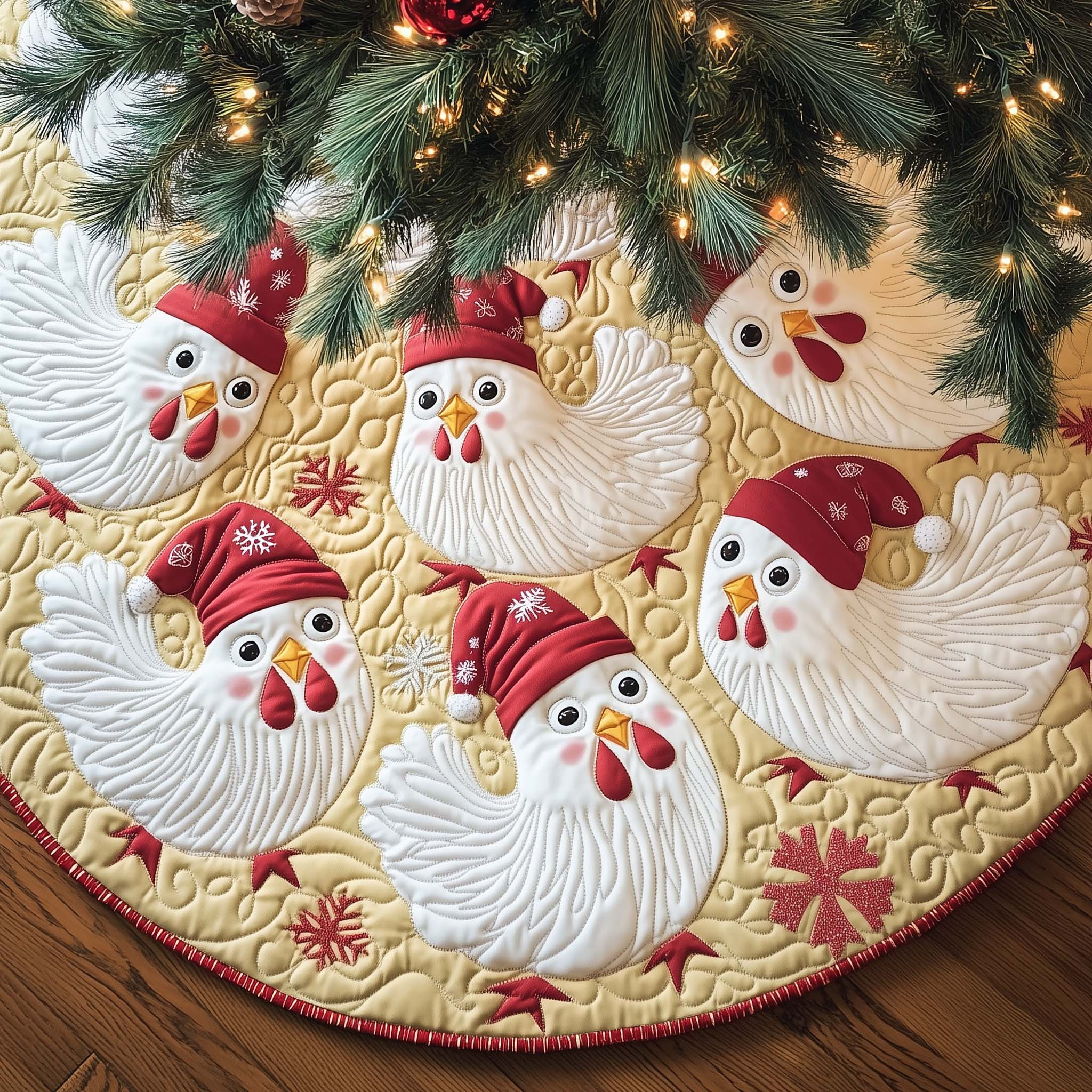 Whimsical Chicken Quilted Tree Skirt Seasonal Home Decor Christmas Gifts For Chicken Lover