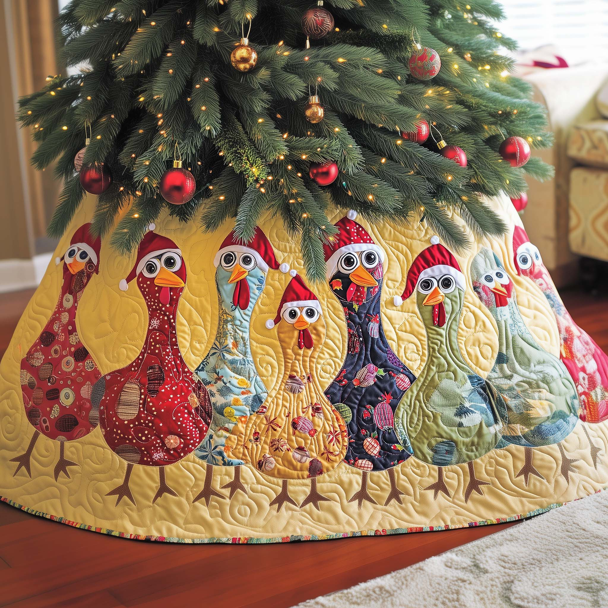 Whimsical Chicken Quilted Tree Skirt Seasonal Home Decor Xmas Gifts For Chicken Lovers