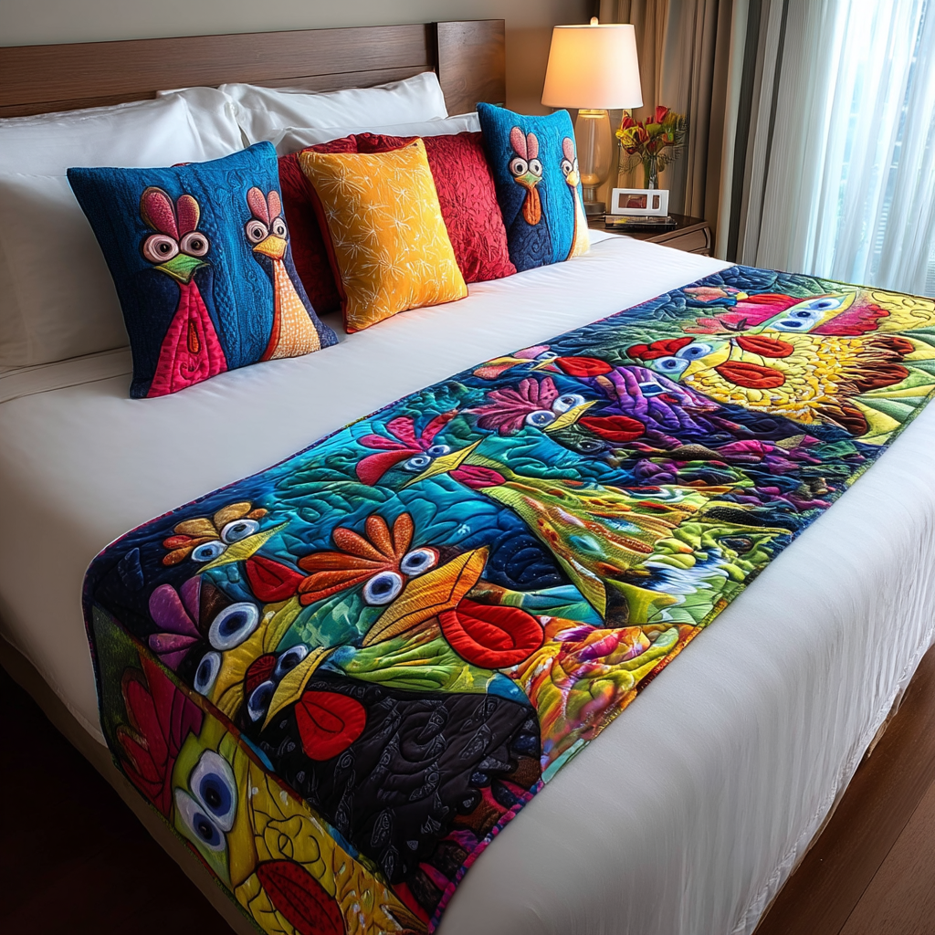 Whimsical Chickens Quilted Bed Runner Bedroom Decor Chicken Related Gift Items