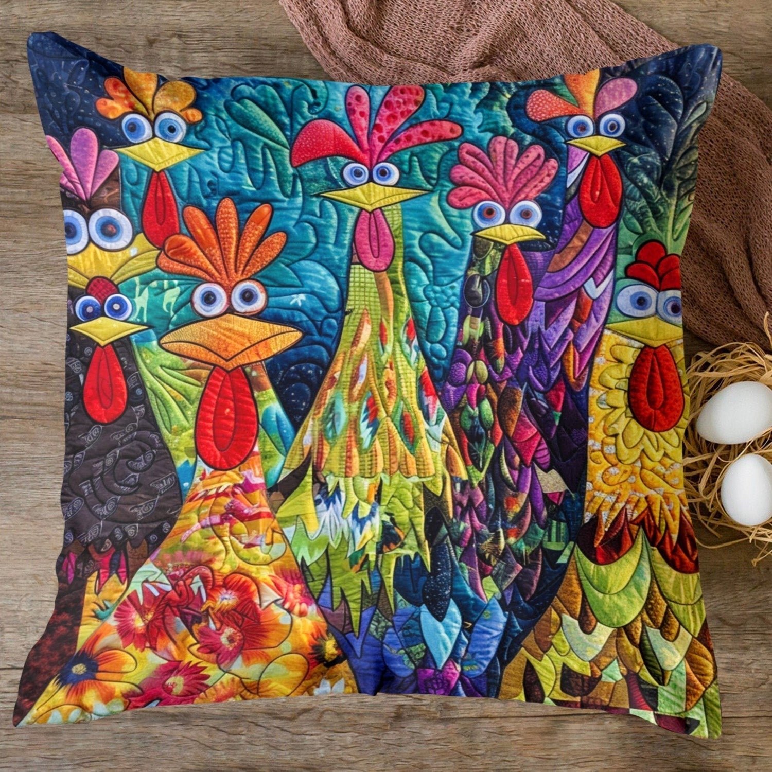 Whimsical Chickens Quilted Pillow Case Animal Home Decor Unique Gifts For Chicken Lovers