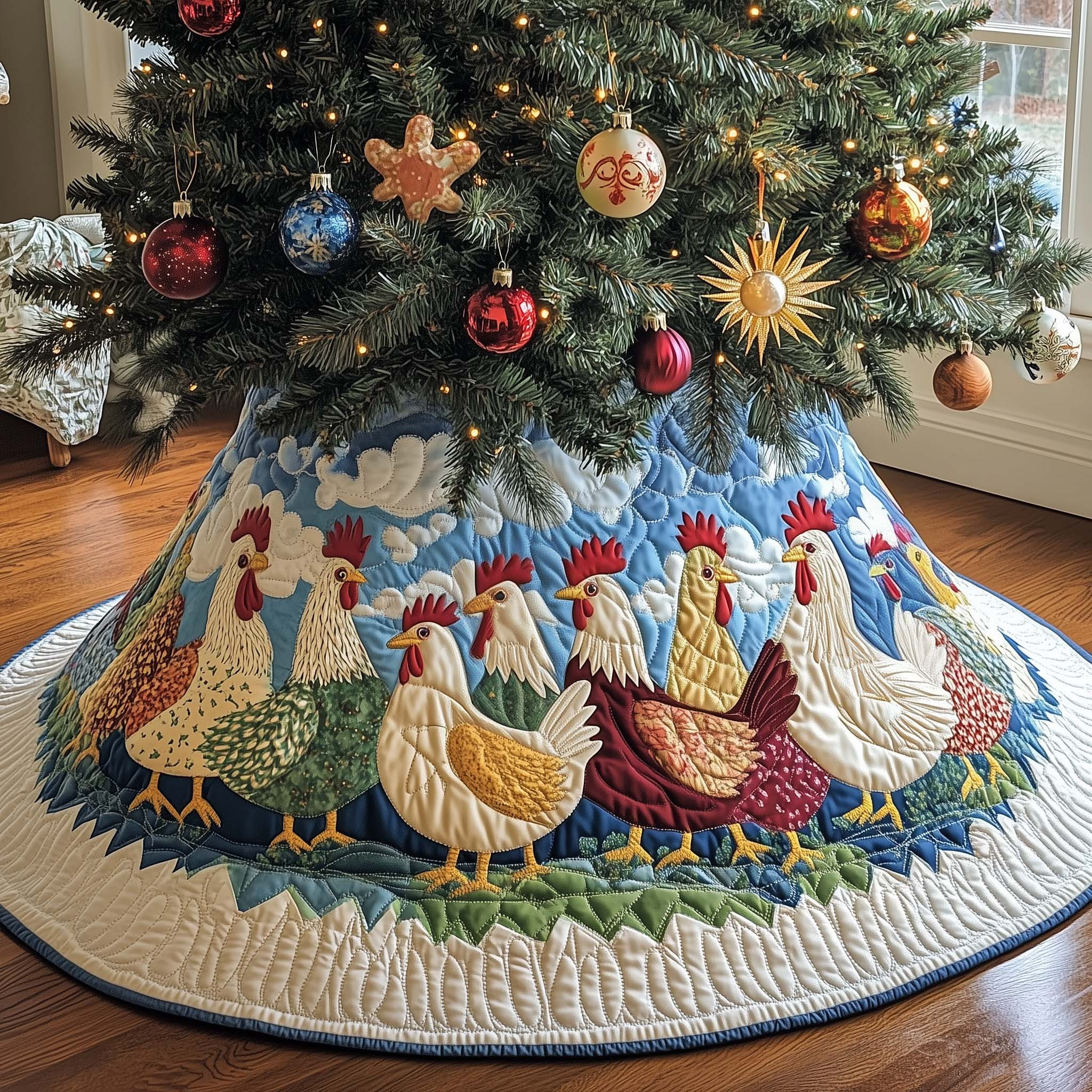 Whimsical Chickens Quilted Tree Skirt Seasonal Home Decoration Chicken Christmas Gifts