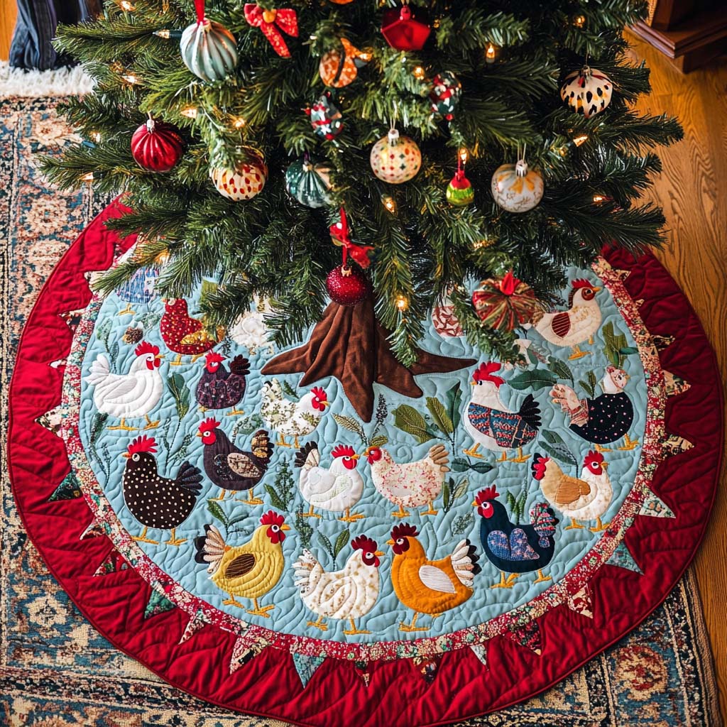Whimsical Clucks Christmas Quilted Tree Skirt Festive Tree Base Cover