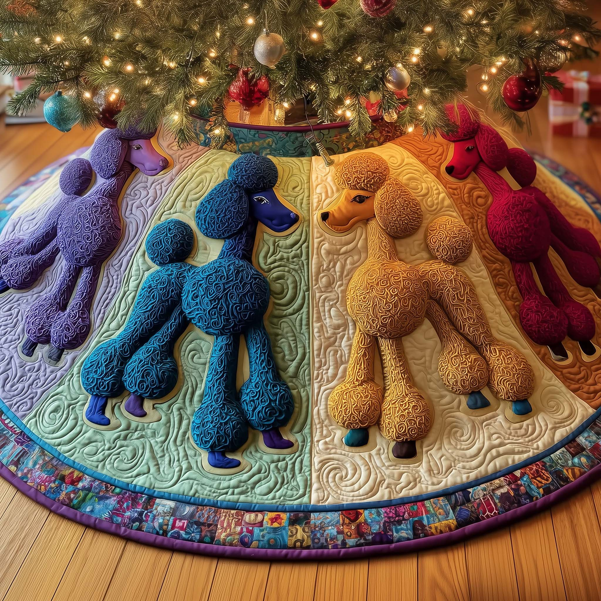 Whimsical Colorful Poodle Quilted Tree Skirt Seasonal Home Decor Pet Lover Christmas Gifts
