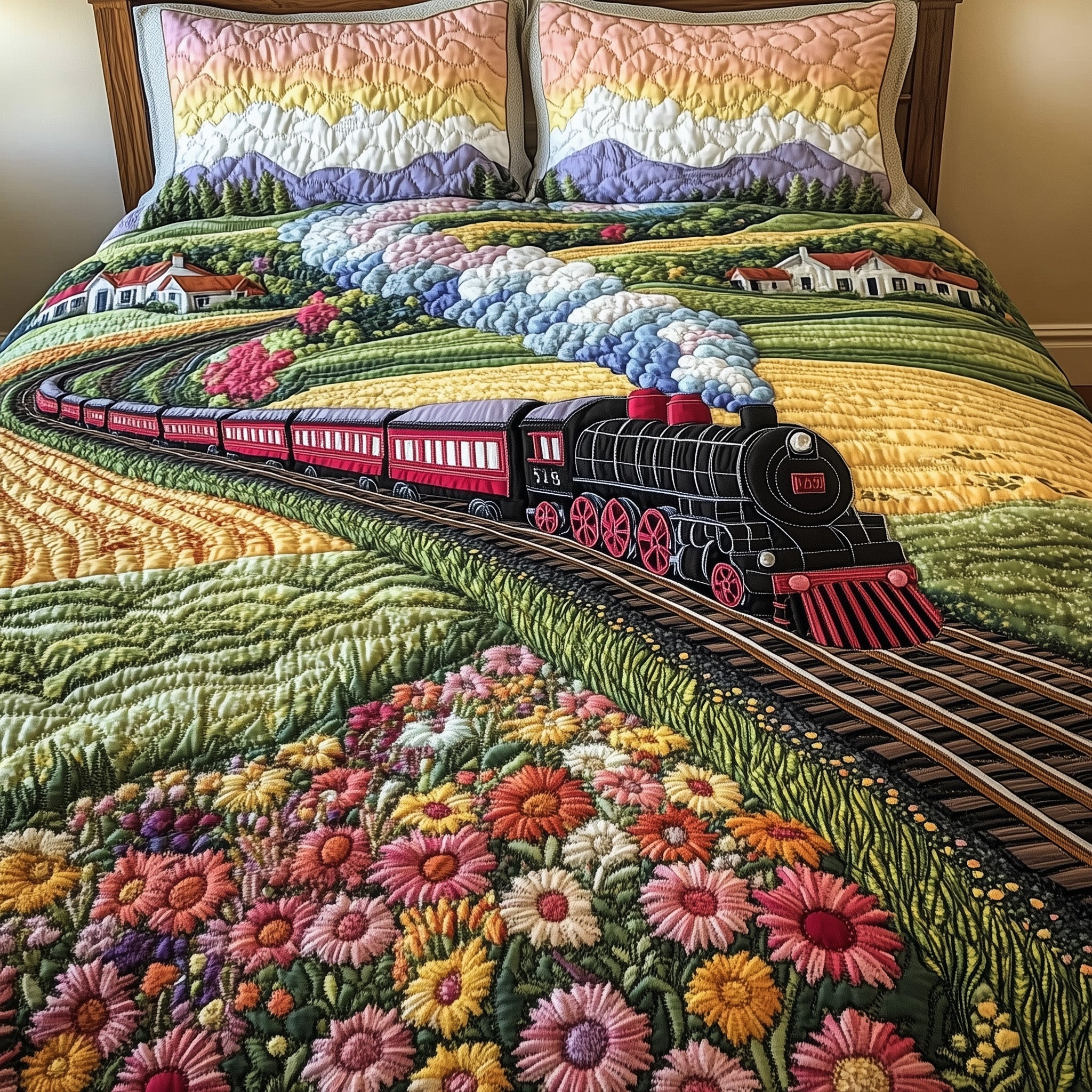 Whimsical Countryside Train Quilted Bedding Set Duvet Cover Bedspread Train Gifts For Men
