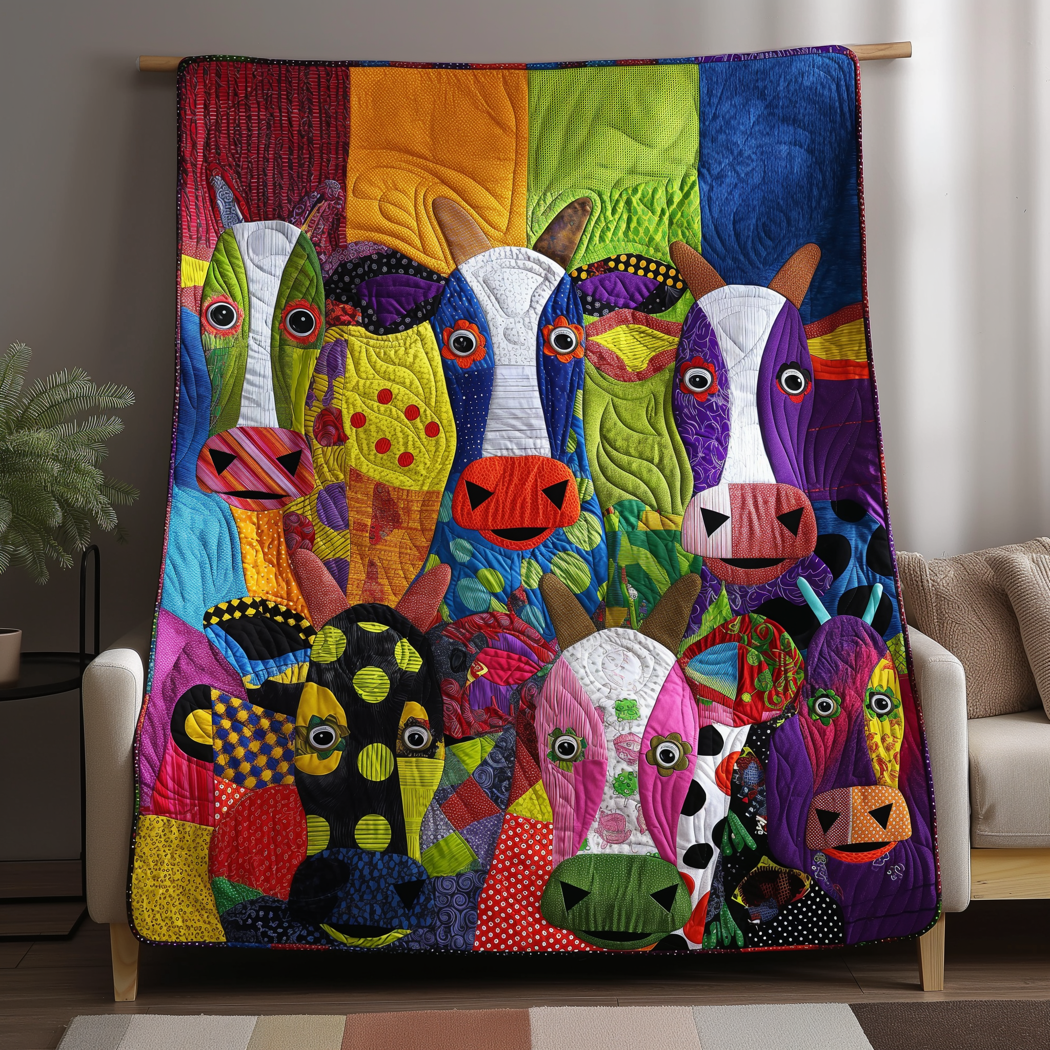 Whimsical Cow Patchwork Quilted Blanket Gift For Cow Lover