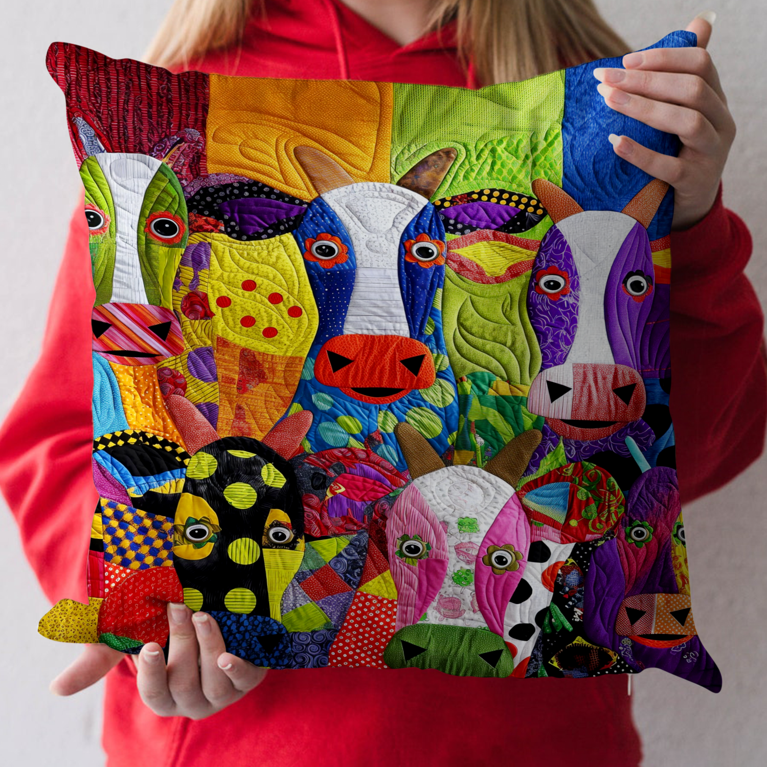 Whimsical Cow Patchwork Quilted Pillow Case Festive Holiday Throw Pillow