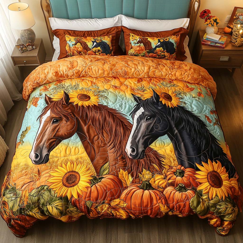 Whimsical Fields Quilted Bedding Set Autumn Bed Sheet Set Inexpensive Gifts For Horse Lovers