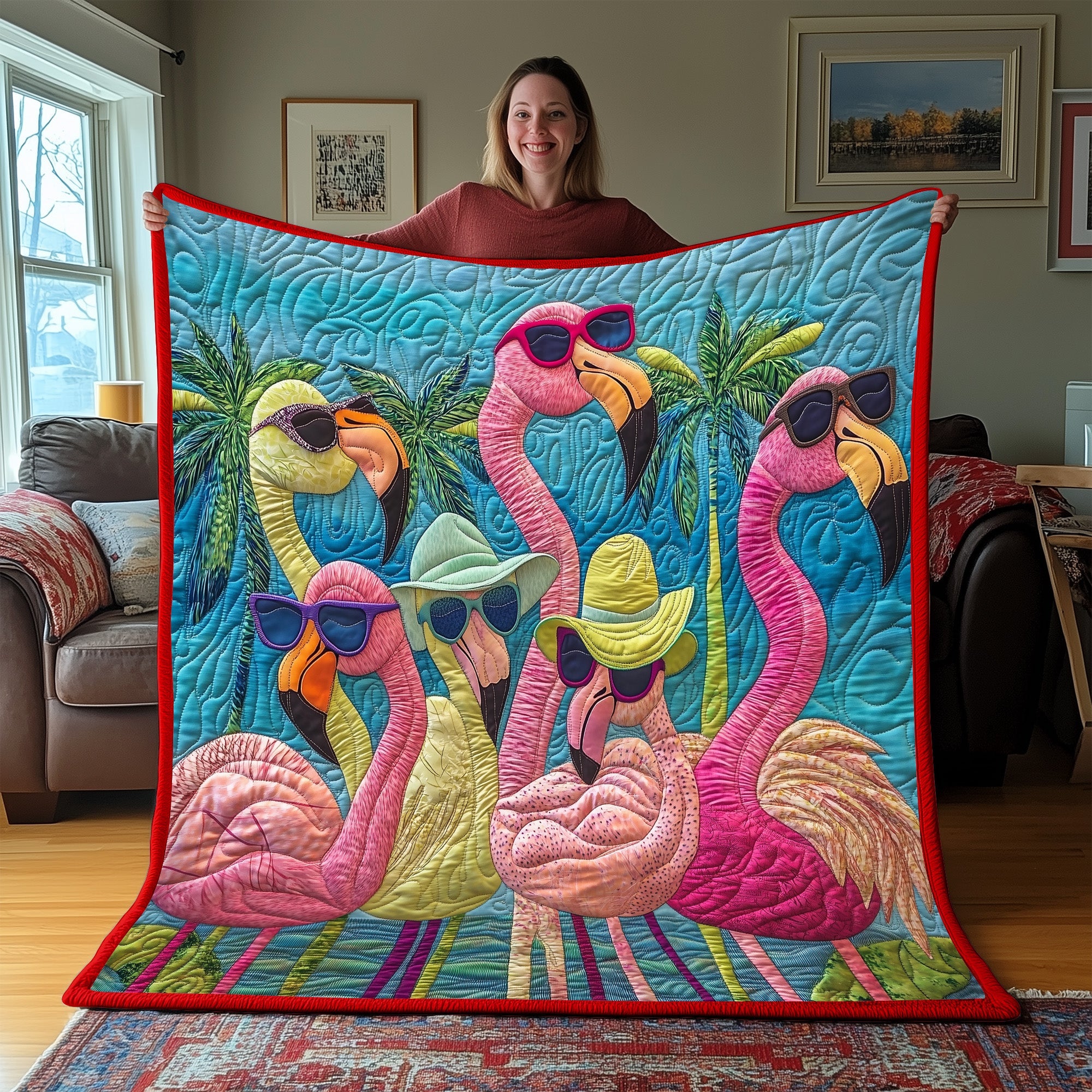 Whimsical Flamingo Quilted Blanket Cute Cozy BlanketCool Flamingo Gifts