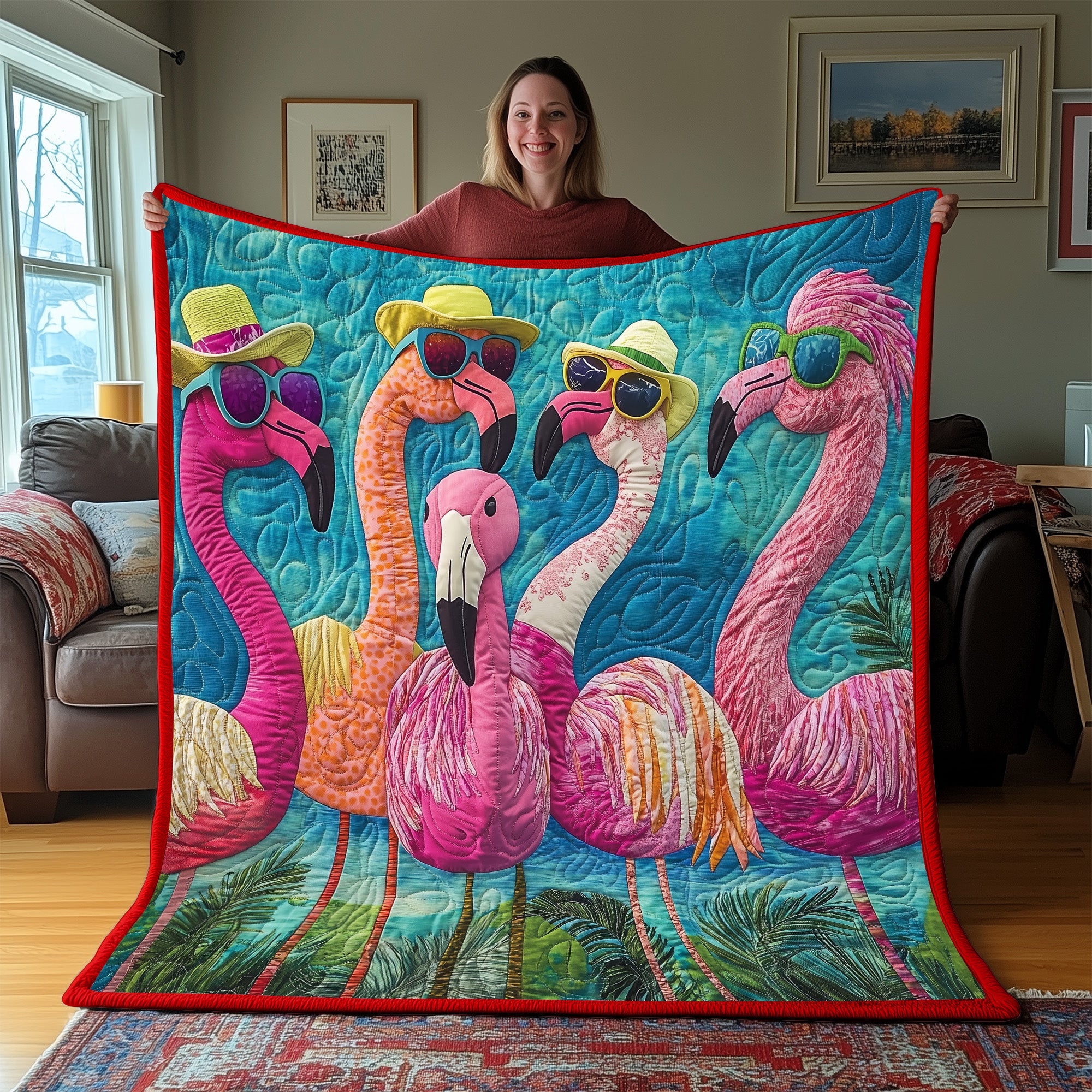 Whimsical Flamingo Quilted Blanket Cute Cozy BlanketFlamingo Based Gifts