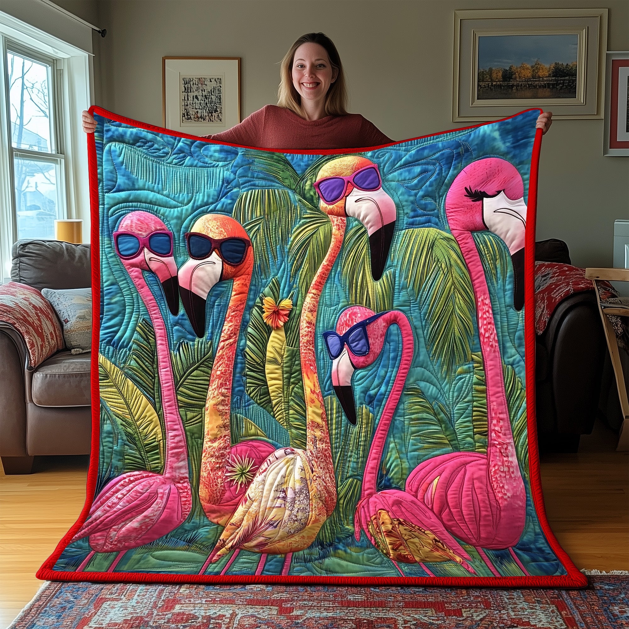 Whimsical Flamingo Quilted Blanket Cute Cozy BlanketFlamingo Birthday Gift Ideas