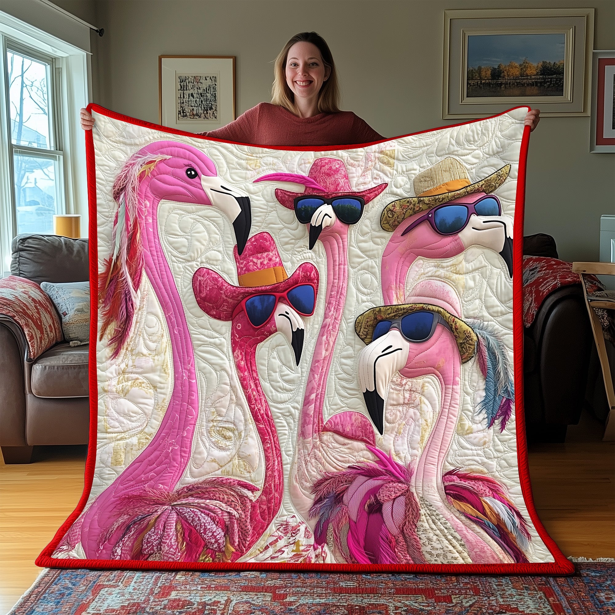 Whimsical Flamingo Quilted Blanket Cute Cozy BlanketGifts For Flamingo Lovers