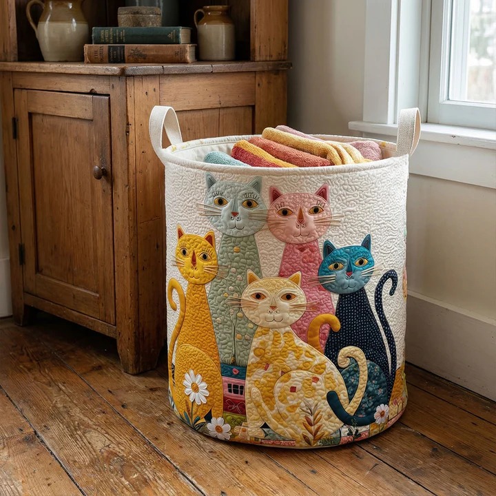 Whimsical Folk Art Cats Quilted Laundry Basket Cat Lover Home Decor Best Gift For Cat Owners Fans